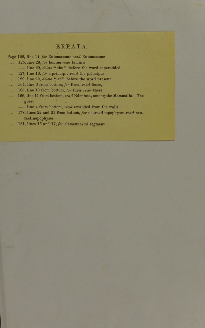 ERRATA. Page 122, line 14, for Entomasome read Entomosome 125, line 28,/or lamina read laminae ... line 29, delete  the  before the word superadded ... 127, line 16, for a principle read the principle ... 129, line 22, delete  at  before the word present ... 164, line 6 from bottom,/or fossa, read fossas, ... 165, line 18 from bottom, for their read these ... 166, line 11 from bottom, read Edentata, among the Mammalia. The great ... line 4 from bottom, read extruded from the walls 178, lines 22 and 21 from bottom, for neuractinopophyses read neu- ractinapophyses ... 181, lines 15 and 17, for element read segment