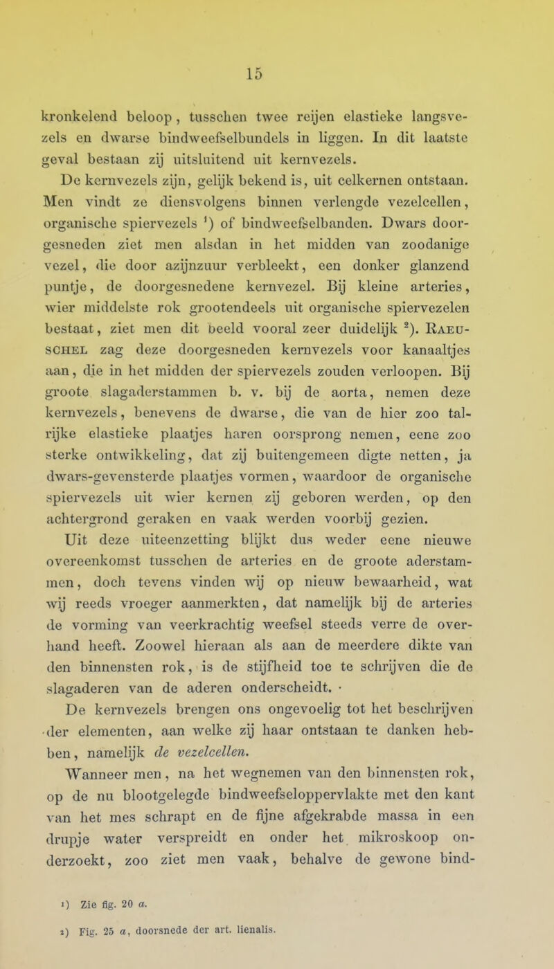 15 kronkelend beloop , tusschen twee reijen elastieke langsve- zels en dwarse bindweefselbundcls in liggen. In dit laatste geval bestaan zij uitsluitend uit kernvezels. De kernvezels zijn, gelijk bekend is, uit celkernen ontstaan. Men vindt ze diensvolgens binnen verlengde vezelcellen, organische spiervezels ') of bindweefselbanden. Dwars door- gesneden ziet men alsdan in het midden van zoodanige vezel, die door azijnzuur vei'bleekt, een donker glanzend puntje, de doorgesnedene kernvezel. Bij kleine arteries, wier middelste rok grootendeels uit organische spiervezelen bestaat, ziet men dit beeld vooral zeer duidelijk ^). Raeu- SCHEL zag deze doorgesneden kernvezels voor kanaaltjes aan, die in het midden der spiervezels zouden verloopen. Bij groote slagaderstammen b. v. bij de aorta, nemen deze kernvezels, benevens de dwarse, die van de hier zoo tal- rijke elastieke plaatjes haren oorsprong nemen, eene zoo sterke ontwikkeling, dat zij buitengemeen digte netten, ja dwars-gevensterde plaatjes vormen, waardoor de organisclie spiervezels uit wier kernen zij geboren werden, op den achtergrond geraken en vaak werden voorbij gezien. Uit deze uiteenzetting blijkt dus weder eene nieuwe overeenkomst tusschen de arteries en de groote aderstam- men, doch tevens vinden wij op nieuw bewaarheid, wat wij reeds vroeger aanmerkten, dat namelijk bij de arteries de vorming van veerkrachtig weefsel steeds verre de over- hand heeft. Zoowel hieraan als aan de meerdere dikte van den binnensten rok, is de stijflieid toe te schrijven die de slagaderen van de aderen onderscheidt. • De kernvezels brengen ons ongevoelig tot het beschrijven •der elementen, aan welke zij haar ontstaan te danken heb- ben, namelijk de vezelcellen. Wanneer men, na het wegnemen van den binnensten rok, op de nu blootgelegde bindweefseloppervlakte met den kant van het mes schrapt en de fijne afgekrabde massa in een drupje water verspreidt en onder het mikroskoop on- derzoekt, zoo ziet men vaak, behalve de gewone bind- 1) Zie fig. 20 a.