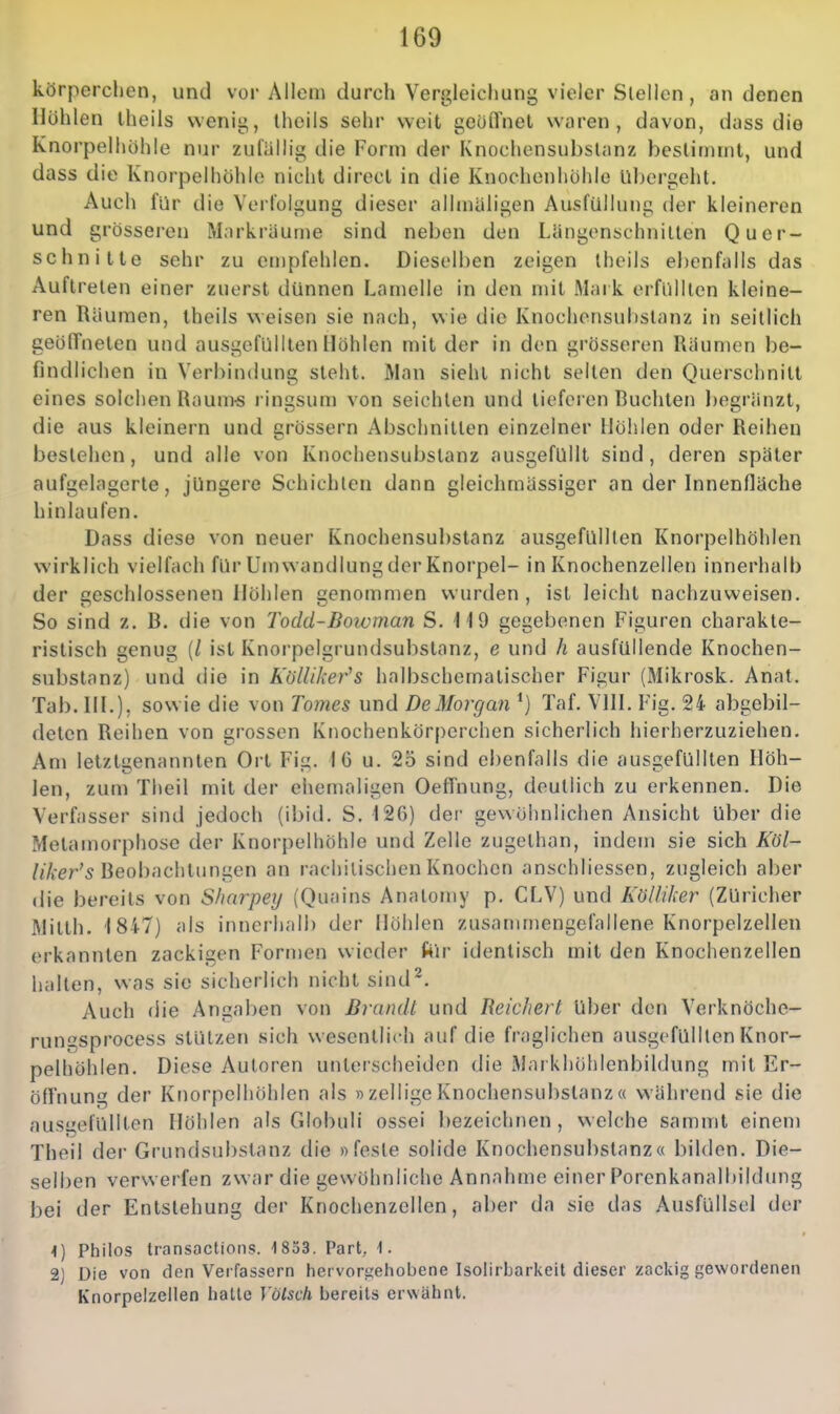 körperchen, und vor Allem durch Vergleichung vieler Slelien, an denen Höhlen Iheils weniij;, theils sehr weit geulTnel waren, davon, dass die Knorpelhühle nur zulällig die Form der Knochensubslanz bestimmt, und dass die Knorpelhöhlo nicht direcl in die Knochenhöhle übergeht. Auch für die Verfolgung dieser allmüligen Ausfüllung der kleineren und grössei'en Markräume sind neben den Längenschnillen Quer- schnitte sehr zu empfohlen. Dieselben zeigen theils ebenfalls das Auftreten einer zuerst dünnen Lamelle in den mit Mark erfüllten kleine- ren Räumen, iheils weisen sie nach, wie die Knochensubslanz in seillich geotTnelen und ausgefüllten Höhlen mit der in den grösseren Räumen be- findlichen in Verbindung sieht. Man sieht nicht seilen den Querschnitt eines solchen Raum-s ringsum von seichten und lieferen Buchten l)egriinzt, die aus kleinern und grössern Abschnitten einzelner Höhlen oder Reihen bestehen, und alle von Knochensubslanz ausgefüllt sind, deren später aufgelagerte, jüngere Schichten dann gleichmässiger an der Innenfläche hinlaufen. Dass diese von neuer Knochensubslanz ausgefüllten Knorpelhöhlen wirklich vielfach für Umwandlung der Knorpel- in Knochenzellen innerhalb der geschlossenen Höhlen genommen wurden , ist leicht nachzuweisen. So sind z. B. die von Todd-Bowman S. IIO gegebenen Figuren charakte- ristisch genug (/ ist Knorpelgrundsubslanz, e und h ausfüllende Knochen- substanz) und die in KölUker's halbschemalischer Figur (Mikrosk. Anat. Tab. Hl.), sowie die von Tomes und DeMorgan *) Taf. VIH. Fig. 24 abgebil- deten Reihen von grossen Knochenkörperchen sicherlich hierherzuziehen. Am letztgenannten Ort Fig. 16 u. 25 sind ebenfalls die ausgefüllten Höh- len, zum Tlieil mit der ehemaligen OefTnung, deutlich zu erkennen. Die Verfasser sind jedoch (ibid. S. 126) der gewöhnlichen Ansicht über die Metamorphose der Knorpelhöhle und Zelle zugelhan, indem sie sich Ä'ö/- /i/ter's Beobachtungen an rachitischen Knochen anschliessen, zugleich aber die bereits von Sharpey (Quains Analomy p. CLV) und Kölliker (Züricher Mitlh. 1847) als innerhalb der Höhlen zusammengefallene Knorpelzellen erkannten zackigen Forn)en wieder für identisch mit den Knochenzellen halten, was sie sicherlich nicht sind^. Auch die Angaben von Brandl und Reichert Uber den Verknöche- rungsprocess stützen sich wesentlich auf die fraglichen ausgefüllten Knor- pelhöhlen. Diese Autoren unterscheiden die Markhöhlenbildung mit Er- öffnung der Knorpelhöhlen als » zellige Knochensubslanz a während sie die ausgefüllten Höhlen als Globuli ossei bezeichnen, welche sammt einem Theil der Grundsubslanz die »feste solide Knochensubslanz« bilden. Die- selben verwerfen zwar die gewöhnliche Annahme einer Porenkanalbildung bei der Entstehung der Knochenzellen, aber da sie das Ausfüllsel der \) Philos transactions. 1 853. Part, \. 2) Die von den Verfassern hervorijehobene Isolirbarkeit dieser zackig gewordenen Knorpelzeilen hatte Yölsch bereits erwähnt.