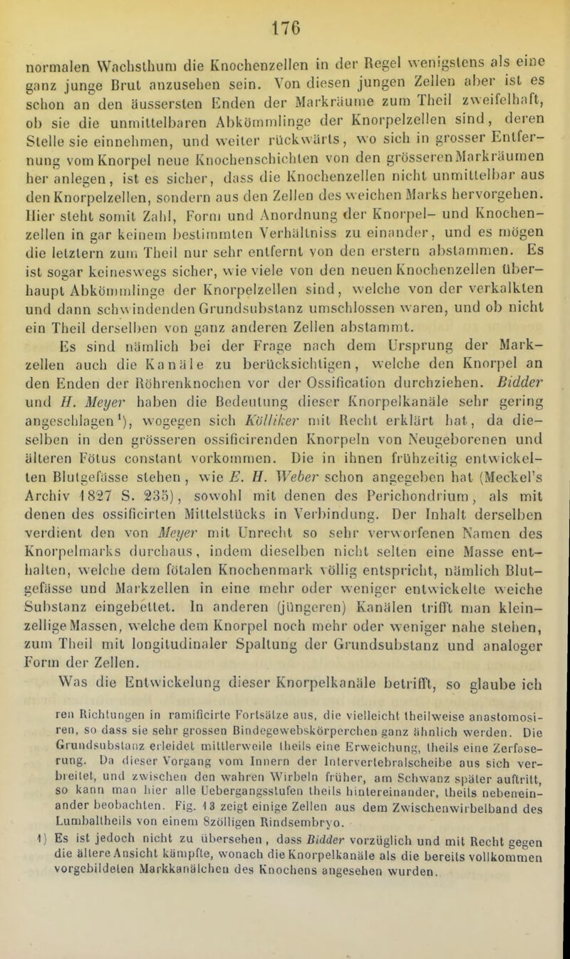 normalen Waclislhum die Knochenzellcn in der Regel wenigslcns als eine ganz junge Brut anzusehen sein. Von diesen jungen Zellen aber ist es schon an den üusserslen Enden der Markrüume zum Theil zweifelhaft, ob sie die unmittelbaren Abkömmlinge der Knorpelzellen sind, deren Stelle sie einnehmen, und weiter rückwürls, wo sich in grosser Entfer- nung vom Knorpel neue Knochenschichten von den grösserenMarkräumen her anlegen, ist es sicher, dass die Knochenzellen nicht unmittelbar aus den Knorpelzellen, sondern aus den Zellen des weichen Marks hervorgehen. Hier steht somit Zahl, Form und Anor(]nung der Knorpel- und Knochen- zellen in gar keinem bestimmten Verhaltniss zu einander, und es mögen die letztern zum Theil nur sehr entfernt von den erstem abstammen. Es ist sogar keineswegs sicher, wie viele von den neuen Knochenzellen über- haupt Abkömmlinge der Knorpelzellen sind, welche von der verkalkten und dann schwindenden Grundsubstanz umschlossen waren, und ob nicht ein Theil derselben von üanz anderen Zellen abstammt. Es sind nämlich bei der Frage nach dem Ursprung der Mark- zellen auch die Kanäle zu berücksichtigen, welche den Knorpel an den Enden der Röhrenknochen vor der Ossification durchziehen. Bidder und H. Meyer haben die Bedeutung dieser Knorpelkanäle sehr gering angeschlagen^), wogegen sich KöUiker mit Recht erklärt hat, da die- selben in den grösseren ossificirenden Knorpeln von Neugeborenen und älteren Fötus conslant vorkommen. Die in ihnen frühzeitig entwickel- len Blulgelässe stehen , wie E. H. Weber schon angegeben hat (Meckel's Archiv 1827 S. 235), sowohl mit denen des Perichondrium, als mit denen des ossificirten Miltelslücks in Verbindung. Der Inhalt derselben verdient den von Meyer mit Unrecht so sehr verworfenen Namen des Knorpelmarks durchaus, indem dieselben nicht selten eine Masse ent- halten, welclie dem fötalen Knochenmark völlig entspricht, nämlich Blut- gefässe und Maikzellen in eine mehr oder weniger entwickelte weiche Substanz eingebellet. In anderen (jüngeren) Kanälen trifTt man klein- zellige Massen, welche dem Knorpel noch mehr oder weniger nahe stehen, zum Theil mit longitudinaler Spaltung der Grundsubslanz und analoger Form der Zellen. Was die Entwickelung dieser Knorpelkanäle betrifft, so glaube ich reu Richtungen in ramificirte Forlsülze ans, die vielleicht theilweise anastortiosi- ren, so dass sie sehr grossen Bindegewebsiiörperchen ganz iihnlich werden. Die Grundsubslanz erleidet mittlerweile Iheils eine Erweichung, llieils eine Zerfase- rung. Da dieser Vorgang vom Innern der Interverlebralscheibe aus sich ver- breitet, und zwischen den wahren Wirbeln früher, am Schwanz später auftritt, so kann man hier alle Uebergangsslufen theils hintereinander, Ibeils nebenein- ander beobachten. Fig. 13 zeigt einige Zellen aus dem Zwischenwirbelband des Lumbaltheils von einem Szölligen Rindsembryo. 1) Es ist jedoch nicht zu übersehen, dass ßidder vorzüglich und mit Recht gegen die ällereAnsicht kämpfte, wonach dieIvnorpelkanäie als die bereits vollkommen vorgebildeten Markkanälchcu des Knochens angesehen wurden.