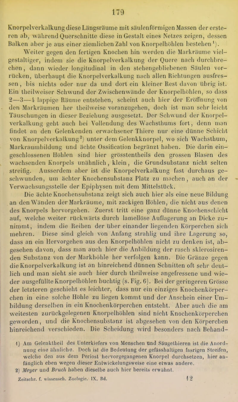 Knorpelvcrkalkung diese Längsräume mit säulenförmigen Massen der ersle- ren ab, während Querschnitlc diese in Gestalt eines Netzes zeigen, dessen Balken aber je aus einer ziemlichen Zahl von Knorpelhöhlen bestehen '). Weiter gegen den fertigen Knochen hin werden die Markräume viel- gestaltiger, indem sie die Knorpelverkalkung der Quere nach durchbre- chen , dann wieder longitudinal in den stehengebliebenen Säulen vor- rücken, überhaupt die Knorpelverkalkung nach allen Richtungen aiisfrcs- sen , bis nichts oder nur da und dort ein kleiner Rest davon übrig ist. Ein thcilweiser Schwund der Zwischenwände der Knorpelhöhlen, so dass 2—3—i lappige Räume entstehen, scheint auch hier der Eröflnung von den Markräumen her Iheilweise voranzugehen, doch ist man sehr leicht Täuschungen in dieser Beziehung ausgesetzt. Der Schwund der Knorpel- verkalkung geht auch bei Vollendung des Wachslhums fort, denn nuin findet an den Gelenkenden erwachsener Thiere nur eine dünne Schicht von Knorpelveikalkung^j unter dem Gelenkknorpel, wo sich Wachsthum, Markraumbildung und ächte Ossification begränzt haben. Die darin ein- geschlossenen Höhlen sind hier grösstenlheils den grossen Blasen des wachsenden Knorpels unähnlich, klein, die Grundsubstanz nicht selten streifig. Ausserdem aber ist die Knorpelverkalkung fast durchaus ge- schwunden, um achter Knochensubstanz Platz zu machen, auch an der Vervvachsungsstelle der Epiphysen mit dem MiltelslUck. Die ächte Knochensubstanz zeigt sich auch hier als eine neue Bildung an den Wänden der Markräume, mit zackigen Höhlen, die nicht aus denen des Knorpels hervorgehen. Zuerst tritt eine ganz dünne Knochenschicht auf, welche weilei' rückwärts durch lamellöse Auflagerung an Dicke zu- nimmt, indem die Reihen der über einander liegenden Köiperchen sich mehren. Diese sind gleich von Anfang strahlig und ihre Lagerung so, dass an ein Hervorgehen aus den Knorpelhöhlen nicht zu denken ist, ab- gesehen davon, dass man auch hier die Anbildung der rasch sklerosiren- den Substanz von der Markhöhle her verfolgen kann. Die Gränze gegen die Knorpelverkalkung ist an hinreichend dünnen Schnitten oft sehr deut- lich und man sieht sie auch hier durch theilweise angefressene und wie- der ausgefüllte Knorpelhöhlen buchlig (s.Fig. 6). Bei der geringeren Grösse der letzteren geschieht es leichter, dass nur ein einziges Knochenköiper- chen in eine solche Höhle zu liegen kommt und der Anschein einer Um- bildung derselben in ein Knochenkörperchen entsteht. Aber auch die am weitesten zurückgelegenen Knorpelhöhlen sind nicht Knochenkörperchen geworden, und die Knochensubstanz ist abgesehen von den Körperchen hinreichend verschieden. Die Scheidung wird besonders nach Behand- 1) Am Gelenktheil des Unterkiefers von Menschen und Säugelhieren ist die Anord- nung eine ähnliche. Doch ist die Bedeutung der gefässhaltigen fasrigen Streifen, welche den aus dem Periost hervorgegangenen Knorpel durchsetzen, hier an- fänglich eben wegen dieser Entwickelungsweise eine etwas andere. 2) Meyer und Bruch haben dieselbe auch hier bereits erwähnt. Zeilsclir. f. wisseii.scli. Zoologi«. IX. Bd. 12