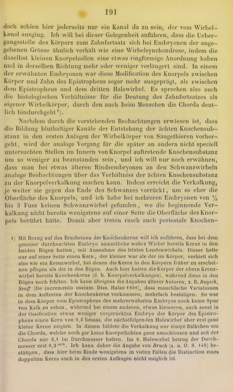 doch Sellien hier jederseils nur ein Kanal da zu sein, der vom Wirhel- kanal ausi;;ing. Ich will bei dieser Gelegenheit anfuhren, dass die Ueber- gangsslelle des Körpers zum Zahni'orlsalz sich bei Embryonen der ange- gebenen Grösse ähnlich verhalt wie eine Wirbelsynchondrose, indem die daselbst kleinen Knorpelzellen eine etwas ringförmige Anordnung haben und in derselben Richtung mehr oder weniger verlängert sind. In einem der erwähnten Embryonen war diese Modilicalion des Knorpels zwischen Körper und Zahn des Epislropheus sogar mehr ausgeprägt, als zwischen dem Epislropheus und dem tiritten Halswirbel. I^s sprechen also auch die histologischen Verhältnisse für die Deutung des Zahnfortsatzes als eigener Wirbelkörper, durch den auch beim Menschen die Chorda deut- lich hindurchgeht Nachdem durch die vorstehenden Beobachtungen erwiesen ist, dass die Bildung blulhallii;er Kanäle der Entstehun der ächten Knochensub- stanz in den ersten Anlagen der Wirbelkörper von Säugethieren vorher- geht, w ird der analoge Vorgang für die später an andern nicht speciell untersuchten Stellen im Innern von Knorpel auftretende Knochensubstanz um so weniger zu lieanstanden sein, und ich will nur noch erwähnen, dass man bei etwas älteren Rindsembryonen an den Schwanzwirbeln analoge Beobachtum^en Uber das Verhällniss der ächten Knochensul)stanz zu der Knorpelverkalkung machen kann. Indess erreicht die Verkalkung, je weiter sie gegen das Ende des Schwanzes vorrückt, um so eher die Oberfläche des Knorpels, und ich habe bei mehreren Embryonen von % h'is 3 Fuss keinen Schwanzwirbel gefunden , wo die beginnende Ver- kalkung nicht bereits wcniuslens auf einer Seite die Oberfläche desKnor- pels berührt hätte. Damit aber treten rasch auch periostale Knochen- <) Mit Bezug auf das Erscheinen der Knöchenkerne will ich anführen, dass bei dem genauer durchsuchten Ennbryo säinmtliche wahre Wirbel bereits Kerne in den beiden Bögen halten , mit Ausnahme des Iclzlen Lendenwirbels. Dieser hatte nur auf einer Seite einen Kern , der kleiner war als der im Körper, verhielt sich also wie ein Kreuzwirbel, bei denen die Kerne in den Körpern fiüher zu erschei- nen pflegen als die in den Bögen. Auch hier hatten die Körper der obern Kreuz- wirbel bereits Knochenkerne (d. h. Knorpelverkalkungen), während diese in den Bögen noch fehlten, ich kann übrigens die Angaben älterer Autoren, z.h, Ruysch, Setiff (De incremento ossium. Diss. Halae 1801), dass manchfache Variationen in dem Auftreten der Knochenkerne vorkommen, mehrfach bestätigen. So war in dem Körper vom Epistrophcus des mehrerwiihnten Embryos noch keine Spur von Kalk zu sehen , während bei einem anderen, etwas kleineren, auch sonst in der Ossification etwas weniger vorgerückten Embryo der Körper des Epistro- pheus einen Kern von 0,3 besass, die nächstfolgenden Halswirbel aber erst ganz kleine Kerne zeigten. In diesen bildete die Verkalkung nur einige Bälkchen um die Chorda, welche noch gar keine Knorpelhöhlen ganz umschlossen und mit der Chorda nur 0,1 im Durchmesser halten. Im 6. Halswirbel betrug der Durch- messer erst 0,2^'. Ich kann daher die Angabe von Bruch (a. a. 0. S. 148) be- stätigen, dass hier beim Rinde wenigstens in vielen Fallen die Distinction eines doppellen Kerns auch in den ersten Anfängen nicht möglich ist.