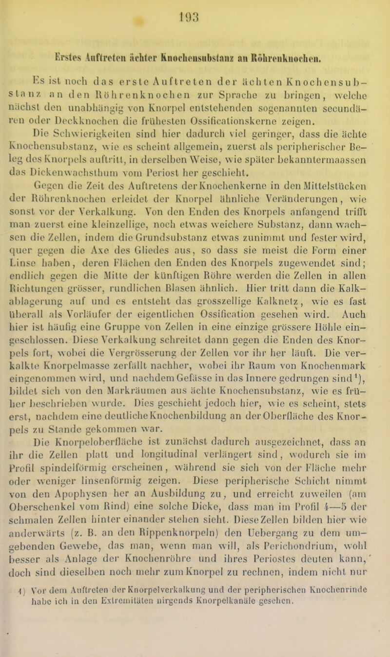 Erstes Auftreten achter knoeheusiibstniiz nii Röhrenkiiocheu. Ks ist nodi das erste Auftreten der ächten Knochensub- slanz nn den Röhrenknochen zur Sj)racho zu bringen, welche nachsl den unabhängig von Knorpel entstehenden sogenannten secundä- ren oder Deckknochen die frühesten Ossificalionskerne zeieen. Die Schwierigkeiten sind hier dadurch viel geringer, dass die ächte Knochensuhslanz, wie es scheint allgemein, zuei'st als peripherischer Be- leg des Knorpels auftritt, in derselben Weise, wie später bekannterniaassen das Dickenwachsthum vom Periost her geschieht. Gegen die Zeit des Auftretens der Knochenkerne in den Miltelstücken der Rühi'enknochen erleidet der Knorpel ähnliche Veränderungen, wie sonst vor der Verkalkung. Von den Enden des Knorpels anfangend trifft man zuerst eine kleinzellige, nocli etwas weichere Substanz, dann wach- sen die Zellen, indem die Grundsubstanz etwas zunimmt und fesler wird, fjuer gegen die Axe des Gliedes aus, so dass sie meist die Form einer Linse haben, deren Flächen den Enden des Knorpels zugewendet sind; endlich gegen die ÄJitte der künftigen Röhre werden die Zellen in allen Richtungen grösser, rundlichen Blasen ähnlich. Hier tritt dann die Kalk- ablagerung auf und es entsteht das grosszellige Kalknelz, wie es fast überall als Vorläufer der eigentlichen Ossificalion gesehen wird. Auch hier ist häutig eine Gruppe von Zeilen in eine einzige grössere Höhle ein- geschlossen. Diese Verkalkung schreitet dann gegen die Enden des Knor- pels fort, wobei die Vergrösserung der Zellen vor ihr her läuft. Die ver- kalkte Knorpelmasse zerfällt nachher, wobei ihr Raum von Knochenmark eingenonunen wird, und nachdemGefässe in das Innere gedrungen sind*), bildet sich von den Markräumen aus ächte Knochensubstanz, wie es frü- her ])eschrieben wurde. Dies geschieht jedoch hier, wie es scheint, stets erst, nachdem eine deutliche Knochenbildung an derOberlJäche des Knor- pels zu Stande gekommen war. Die Knorpeloberfläche ist zunächst dadurch ausgezeichnet, dass an ihr die Zellen platt und longitudinal verlängert sind , wodurch sie im Profil spindeiförmig erscheinen, während sie sich von der Fläche mehr oder weniger linsenförmig zeigen. Diese peripherische Schicht nimmt von den Apophysen hei- an Ausbildung zu, und erreicht zuweilen (am Obei'schenkel vom Rind) eine solche Dicke, dass man im Profil 4—5 der schmalen Zellen hintereinander stehen sieht. Diese Zellen bilden hier wie anderwärts (z. B. an den Rippenknorpeln) den Uebergang zu dem um- gebenden Gewebe, das man, wenn man will, als Perichondrium, wohl besser als Anlage der Knochenröhre und ihres Periostes deuten kann,' doch sind dieselben noch mehr zum Knorpel zu rechnen, indem nicht nur 4) Vor dem Auftreten der Knorpelvcrkalkung und der peripticrisclicn Kiioclienrinde habe ich in den Exlrcinitälen nirgends Knorpeilianiile gesehen.