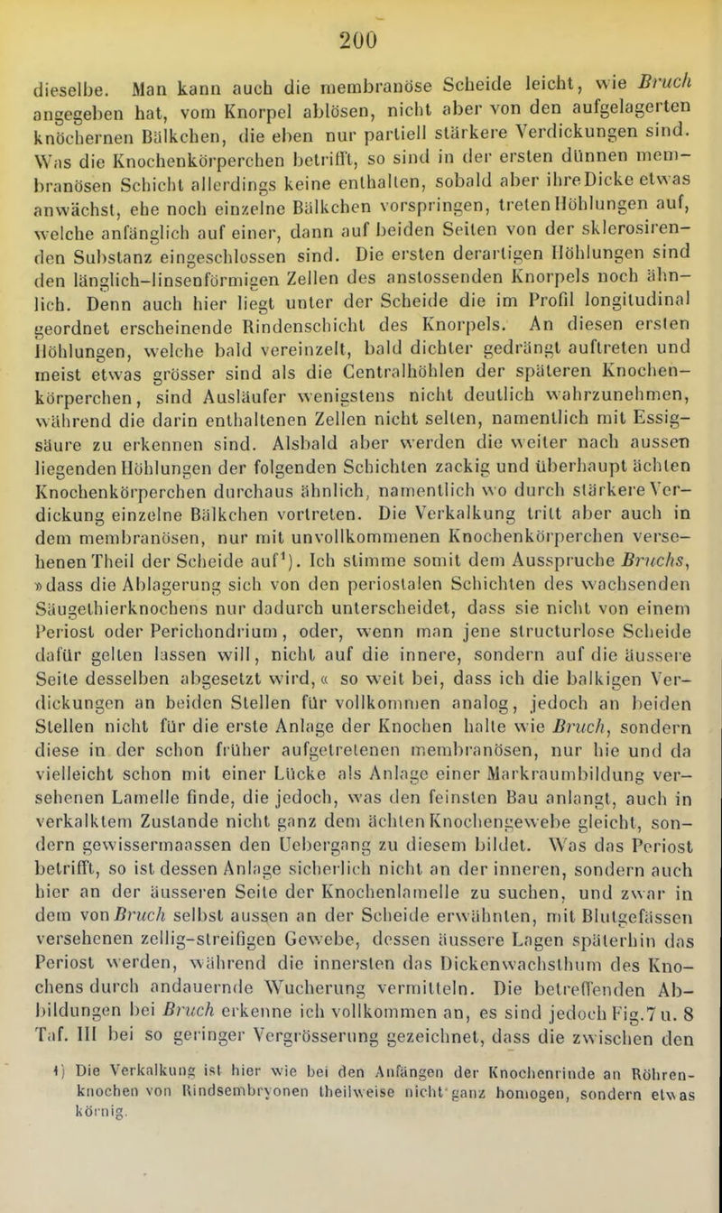 dieselbe. Man kann auch die membranöse Scheide leicht, wie Bruch angegeben hat, vom Knorpel ablösen, nicht aber von den aufgelagerten knöchernen Bälkchen, die eben nur partiell stärkere Verdickungen sind. Wils die Knochenkörperchen betrilFt, so sind in der ersten dünnen mcm- branösen Schicht allerdings keine enlhallen, sobald aber ihre Dicke etwas anwächst, ehe noch einzelne Bälkchen vorspringen, treten Höhlungen auf, welche anfänglich auf einer, dann auf beiden Seiten von der sklerosiren- den Substanz eingeschlossen sind. Die ersten derartigen Höhlungen sind den länglich-linsenförmigen Zellen des anstossenden Knorpels noch ähn- lich. Denn auch hier liegt unter der Scheide die im Profil longiludinal geordnet erscheinende Rindenschicht des Knorpels. An diesen ersten Höhlungen, welche bald vereinzelt, bald dichter gedrängt auftreten und meist etwas grösser sind als die Centraihöhlen der späteren Knochen- körperchen, sind Ausläufer wenigstens nicht deutlich wahrzunehmen, während die darin enthaltenen Zellen nicht selten, namentlich mit Essig- säure zu erkennen sind. Alsbald aber werden die weiter nach aussei) liegenden Höhlungen der folgenden Schichten zackig und überhaupt äclUen Knochenkörperchen durchaus ähnlich, namentlich wo durch stärkere Ver- dickung einzelne Bälkchen vortreten. Die Verkalkung tritt aber auch in dem membranösen, nur mit unvollkommenen Knochenkörperchen verse- henen Theil der Scheide auf^). Ich stimme somit dem Ausspruche Bruchs, »dass die Ablagerung sich von den periostalen Schichten des v^-achsenden Säugelhierknochens nur dadurch unterscheidet, dass sie nicht von einem Periost oder Perichondrium , oder, wenn man jene structurlose Scheide dafür gelten lassen will, nicht auf die innere, sondern auf die äussere Seite desselben abgesetzt wird,« so w^eil bei, dass ich die balkigen Ver- dickungen an beiden Stellen für vollkomnien analog, jedoch an beiden Stellen nicht für die erste Anlage der Knochen halle wie Bruch, sondern diese in der schon früher aufgetretenen membranösen, nur hie und da vielleicht schon mit einer Lücke als Anlage einer Markraumbildung ver- sehenen Lamelle finde, die jedoch, was den feinsten Bau anlangt, auch in verkalktem Zustande nicht ganz dem ächten Knochengewebe gleicht, son- dern gewissermaassen den üebergang zu diesem bildet. Was das Periost betrifft, so ist dessen AnInge sicherlich nicht an der inneren, sondern auch hier an der äusseren Seite der Knochenlamelle zu suchen, und zwar in dem von Bruch selbst aussen an der Scheide erwähnten, mit Blutgefässen versehenen zcllig-slreifigen Gewebe, dessen äussere Lagen späterhin das Periost werden, während die innersten das Dickenwachstluim des Kno- chens durch andauernde Wucherung vermitteln. Die betreffenden Ab- l)ildungen bei Bruch erkenne ich vollkommen an, es sind jedoch Fig.7 u. 8 Taf. HI bei so geringer Vergrösserung gezeichnet, dass die zwischen den Die Verkalkui)? ist tiier wie bei den Anfangen der Knochenrinde an Röliren- knoctien von lUndsembryonen theiiweise niciU {^anz homogen, sondern etwas köinig.
