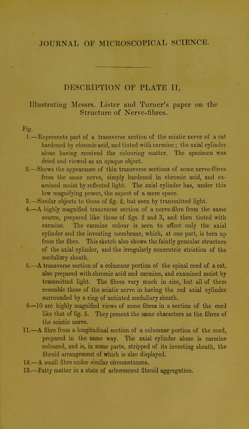 JOURNAL OF MICROSCOPICAL SCIENCE. DESCRIPTION OF PLATE II, Illustrating Messrs. Lister and Turner's paper on the Structure of Nerve-fibres. Fig- 1. —Represents part of a transverse section of the sciatic nerve of a cat hardened by chromic acid, and tinted with carmine; the axial cylinder alone having received the colonring matter. The specimen was dried and viewed as an opaque object. 2. —Shows the appearance of thin transverse sections of some nerve-fibres from the same nerve, simply hardened in. chromic acid, and ex- amined moist by reflected light. The axial cylinder has, under this low magnifying power, the aspect of a mere space. 3. —Similar objects to tliose of fig. 2, but seen by transmitted light. 4. —A highly magnified transverse section of a nerve-fibre from the same source, prepared like those of figs. 2 and 3, and then tinted with carmine. The carmine colour is seen to afi'ect only the axial cylinder and the investing membrane, which, at one part, is torn up from the fibre. This sketch also shows the faintly granular structure of the axial cylinder, and the irregularly concentric striation of the medullary sheath. 5. —A transverse section of a columnar portion of the spinal cord of a cat, also prepared with chromic acid and carmine, and examined moist by transmitted light. The fibres vary much in size, but all of them resemble those of the sciatic nerve in having the red axial cylinder surrounded by a ring of untinted medullary sheath. 6—10 are highly magnified views of some fibres in a section of the cord like that of fig. 5. They present the same characters as the fibres of the sciatic nerve. 11. —A fibre from a longitudinal section of a columnar portion of the cord, prepared in the same way. The axial cylinder alone is carmine coloured, and is, in some parts, stripped of its investing sheath, the fibroid arrangement of which is also displayed. 12. —A small fibre under similar circumstances. 13. —Patty matter in a stale of arborescent fibroid aggregation.