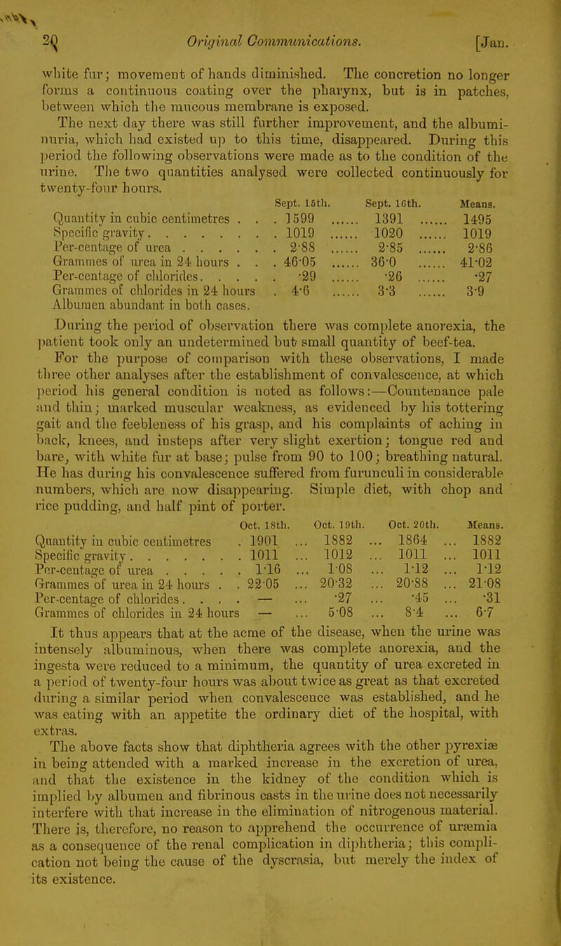 wliite fur; movement of hands diminished. The concretion no longer forms a continuous coating over the pharynx, but is in patches, between which tlie raucous membrane is exposed. The next day there was still further improvement, and the albumi- nuria, which had existed up to this time, disappeared. During this period the following observations were made as to the condition of the urine. Tiie two quantities analysed were collected continuously for tsventy-four hours. Sept. 15th. Sept. ICth. Means. Quantity in cubic centimetres . . . 1599 1391 1495 SpecificVavity 1019 1020 1019 Per-centage of urea 2-88 2-85 2-86 Grammes of urea in 24 hours . . . 46'05 36'0 41'02 Per-ccntage of chlorides -29 '26 -27 Grammes of chlorides in 24 hours . 4'6 3'3 3'9 Albumen abundant iu both cases. During the i)eriod of observation there was complete anorexia, the patient took only an undetermined but small quantity of beef-tea. For the purpose of comparison with these observations, I made three other analyses after the establishment of convalescence, at which ])eriod his general condition is noted as follows:—Countenance pale and thin; marked muscular weakness, as evidenced by his tottering gait and the feebleness of his grasp, and his complaints of aching in back, knees, and insteps after very slight exertion; tongue red and bare, with white fur at base; pulse from 90 to ICQ; breathing natural. He has during his convalescence suffered from furunculiin considerable numbers, which are now disappearing. Simple diet, with chop and x'ice pudding, and half \>va.t of porter. Oct. IStll. Quantity iu cubic centimetres . 1901 Specific gravity 1011 Pcr-centage of urea 1'16 Grammes of urea iu 24' hom's . . 22'05 Per-centage of chlorides .... — Grammes of chlorides in 24 hours — It thus appears that at the acme of the disease, when the urine was intensely albuminous, when there was complete anorexia, and the ingesta were reduced to a minimum, the quantity of urea excreted iu a period of twenty-four hours was about twice as great as that excreted during a similar period when convalescence was established, and he was eating with an appetite the ordinary diet of the hospital, with extras. The above facts show that diphtheria agrees with the other j^yrexiae ill being attended with a marked increase in the excretion of urea, aud that the existence in the kidney of the condition which is implied by albumen and fibrinous casts in the urine does not necessarily interfere with that increase in the elimination of nitrogenous material. There is, therefore, no reason to apprehend the occurrence of urjemia as a consequence of the renal complication in diphtheria; this compli- cation not being the cause of the dyscrasia, but merely the index of its existence. Oct. lOtli. Oct. 20th. Means. 1882 . . 1864 .. . 1882 1012 . . 1011 .. . 1011 108 . .. 112 .. . 1-12 20-32 . .. 20-88 .. . 2108 •27 . •45 .. •31 5-08 . .. 8-4 .. . 67