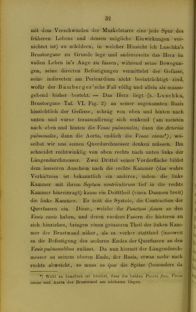 mit dem Verschwinden der Muskelstarre eine jede Spur des früheren Lebens und dessen mögliche Einwirkungen ver- nichtet ist) zu schildern, in welcher Hinsicht ich Luschka's Brustorgane zu Grunde lege und andererseits das Herz im vollen Leben in's Auge zu fassen, während seine Bewegun- gen, seine directen Befestigungen vermittelst der Gefässe, seine indirecten am Pericardium nicht beeinträchtigt sind, wofür der Bamberg er'sehe Fall völlig und allein als maass- gebend bisher besteht. — Das Herz liegt (s. Luschka, Brustorgane Taf. VL Fig. 2) an seiner sogenannten Basis hinsichtlich der Gefässe, schräg von oben und hinten nach unten und vorne terassenförmig sich senkend (am meisten nach oben und hinten die Venae pulmonales, dann die Arteriae pulmonales, dann die Aorta, endlich die Venae cavae*), wo- selbst wir uns seineu Querdurchmesser denken müssen. Ihn schneidet rechtwinklig von oben rechts nach unten links der Längendurchmesser. Zwei Drittel seiner Vorderfläche bildet dem äusseren Anschein nach die rechte Kammer (das wahre Verhältniss ist bekanntlich ein anderes, indem die linke Kammer mit ihrem Septum ventriculorum tief in die rechte Kammer hinreinragt) kaum ein Dritttheil (einen Daumen breit) die linke Kammer. Es tritt die Systole, die Contraction der Querfasern ein. Diese, welche ihr Punctum fixum an den Venis cavis haben, und deren vordere Fasern die hinteren zu sich hinziehen, bringen einen grösseren Theil der linken Kam- mer der Brustwand näher, als es vorher stattfand (insoweit es die Befestigung des anderen Endes der Querfasern an den » Venispulmonalibus zulässt. Da nun hiermit der Längendurch- messer an seinem oberen Ende, der Basis, etwas mehr nach rechts abweicht, so muss eo ipso die Spitze (besonders da •) Wohl zu beachten ist hierbei, dass die beiden Puncta ßxa, Venae cavae und Aorta der Brustwand am nächsten liegen.