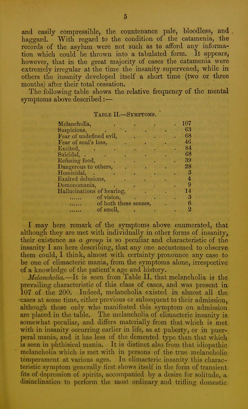 and easily compressible, the countenance pale, bloodless, and haggard. With regard to the condition of the catamenia, the records of the asylum were not such as to afford any informa- tion which could be thrown into a tabulated form. It appears, however, that in the great majority of cases the catamenia were extremely irregular at the time the insanity supervened, while in others the insanity developed itself a short time (two or three montlis) after their total cessation. The following table shows the relative frequency of the mental symptoms above described:— Table II.—Symptoms.  Melancholia, .... 107 Suspicions, . ' . . . 63 Fear of undefined evil, . . .68 Fear of soul's loss, ... 46 Excited, . . . . .84 Suicidal, ..... 68 Refusing food, . . . .39 Dangerous to others, ... 28 Homicidal, . . . . .3 Exalted delusions, ... 4 Demonomania, .... 9 Hallucinations of hearing, . . 14 of vision, , . .3 of both these senses, . 6 of smell, . . .2 I may here remark of the symptoms above enumerated, that although they are met with individually in other forms of insanity, their existence as a group is so peculiar and characteristic of the insanity I am here describing, that any one accustomed to observe them could, I think, almost with certainty pronounce any case to be one of climacteric mania, from the symptoms alone, irrespective of a knowledge of the patient's age and history. Melancholia.—It is seen from Table II. that melancholia is the prevailing characteristic of this class of cases, and was present in 107 of the 200. Indeed, melancholia existed in almost all the cases at some time, eitlier previous or subsequent to their admission, although those only who manifested this symptom- on admission are placed in the table. The melancholia of climacteric insanity is somewhat peculiar, and differs materially from that Avhich is met with in insanity occurring earlier in life, as at puberty, or in puer- peral mania, and it has less of the demented type than that which 13 seen in phtliisical mania. It is distinct also from that idiopathic melancliolia which is met with in persons of the true melancholic temperament at various ages. In climacteric insanity this charac- teristic symptom generally lirst sliows itself in tlie form of transient fits of depression of spirits, accompanied by a desire for solitude, a disinclination to perform the moat ordinary and trilling domestic