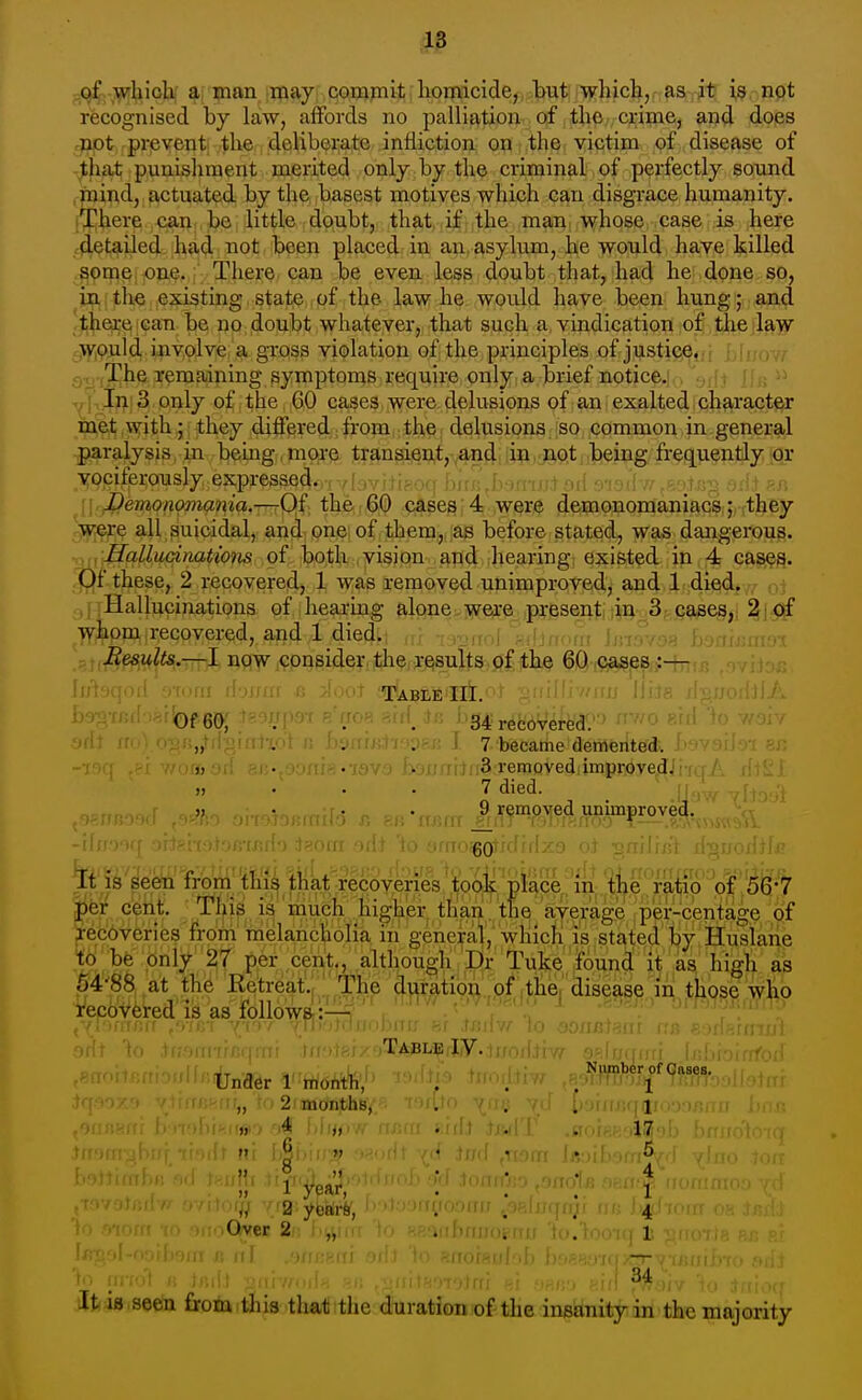 ,^hioli ai man iinay, cowpit;liomicide, but wliictjr^Si jt is npt recognised by law, affords no palliation of the crime, and does not prevent; the deliberate infliction on the victim of disease of that punishment merited only by the criminal of perfectly sound mind, actuated by the basest motives which can disgrace humanity. There can be little doubt, that if the man whose case is here detailed had not been placed in an asylum, he would have killed som^jPU^,; There can be even less doubt that, had he done so, in the existing state of the law he would have been hung; and there can be no (ioubt whatever, that such a vindication of the law \\^puld, inv.olve, ,ai gvflss violation of the principles of justice. The remaining symptoms require only a brief notice. , ...i, ^•• In;3 only of the 60 cases were delusions of an exalted;character met with,;; they differed from the delusions so common in general paralysis, in being.more transient,-,an4!:i?ii:Si.Qt;being frequently or Ypciferously expressed.,. /i ,vi,i.- bniih->:,-.rj -u- w Xlemonqmmvia.—Of the,60 cases;4 were demonomaniacs; they were all suicidal, and one of them, as before stated, was dangerous. :Hallucinations of both vision and hearing existed in 4 cases. Of these, 2 recovered, 1 was removed unimproved, and 1 died. , j jHallucinations of hearing alone were presenti ii'^_ 3;,eft8%i 2| jctf whom recovered, and 1 died. .-ifil ?^\Ui^^n\ Jinitvos h Results.—;!, nq-^ j<?pn^ider, the re!sult^-,ij£jt^^^ 6Q i^ies :— If rh/rrff n 'font 'Table III.'^^ t'liilfrv/uij , Of 60; : . . 34 recovered.''^ ^'0 8! . . . 7 became deiirterited. „ . . . 3 removed improved. „ . . . 7 died. ), • . . 9 removed unimproved. ii ■ ■ ,! eO^Kfrrlzo oJ pnilij;: . _ It IS seein lrom tJii^ |that recoveries took place , in the ratio of o6;7 per cent. This ^ 'much higher thapi the average .per-centage of recoveries from melancholia in general, wliicli is stated biy Huslane to be only 27 per cent,, although Dr Tuke found' it as high as 54-88 at the Ketreat.; The duration of .the, disease in those who I'ecovfered is as follows:— Tablk ly.ji/oiliivf gs'lntrirri Ir.l _^ , , , NiimWr of Cases. Under 1 month, , . .1 „ 2 months, . . ^ 1 »r, -,4 \:\mrfr fw.m i.iflj JjiflT .Hoi-,; .jl^' „' 2 years, '.fOoiTtr ^ 4 Over 2 ,, . . . 1 It IS seen from this that tlie duration of the insanity in the majority