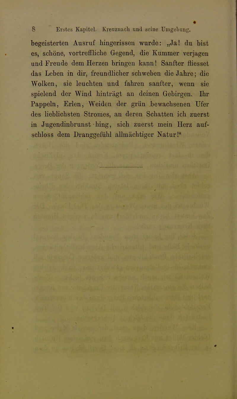 begeisterten Ausruf hingerissen wurde: „Ja! du bist es, schöne, vortreffliche Gegend, die Kummer verjagen und Freude dem Herzen bringen kann! Sanfter fiiesset das Leben in dir, freundlicher schweben die Jahre; die Wolken, sie leuchten und fahren sanfter, wenn sie spielend der Wind hinträgt an deinen Gebirgen. Ihr Pappeln, Erlen, Weiden der grün bewachsenen Ufer des lieblichsten Stromes, an deren Schatten ich zuerst in Jugendinbrunst hing, sich zuerst mein Herz auf- schloss dem Dranggefühl allmächtiger Natur!