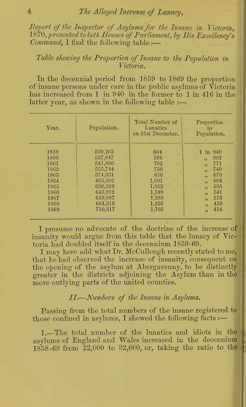 Beport of the Inspector of Asylums for the Insane in Victoria, 1870, presented to both Houses of Parliament, by Bis Excellency's Command, I find the following table:— Table showing the Proportion of Insane to the Population in Victoria. In the decennial period from 1859 to 1869 the proportion of insane persons under care in the public asylums of Victoria has increased from 1 in 940 in the former to 1 in 416 in the latter year, as shown in the following table :— Total Number of Proportion Year. Population. Lunatics on 31st December. to Population. 1859 530,262 664 1 in 940 1860 637,847 641,800 596 „ 902 1861 702 „ 771 1862 655,744 750 „ 740 1863 674,331 856 „ 670 1864 605,501 1,001 „ 604 1865 626,539 1,062 „ 595 1866 1 643,912 1,189 „ 641 1867 659,887 684,316 1,280 „ 515 1868 1,556 „ 439 1869 710,317 1,705 „ 416 I presume no advocate of the doctrine of the increase of insanity would argue from this table that the lunacy of Vic- toria had doubled itself in the decennium 1859-69. I may here add what Dr. McCuUough recently stated to me, that he had observed the increase of insanity, consequent on the opening of the asylum at Abergavenny, to be distinctly greater in the districts adjoining the Asylum than in the more outlying parts of the united counties. //.—Numbers of the Insane in Asylums. Passing from the total numbers of the insane registered to those confined in asylums, I showed the following facts :— 1.—The total number of the lunatics and idiots in th asylums of England and Wales increased in the decennium 1858-68 from 22,000 to 32,000, or, taking the ratio to the •