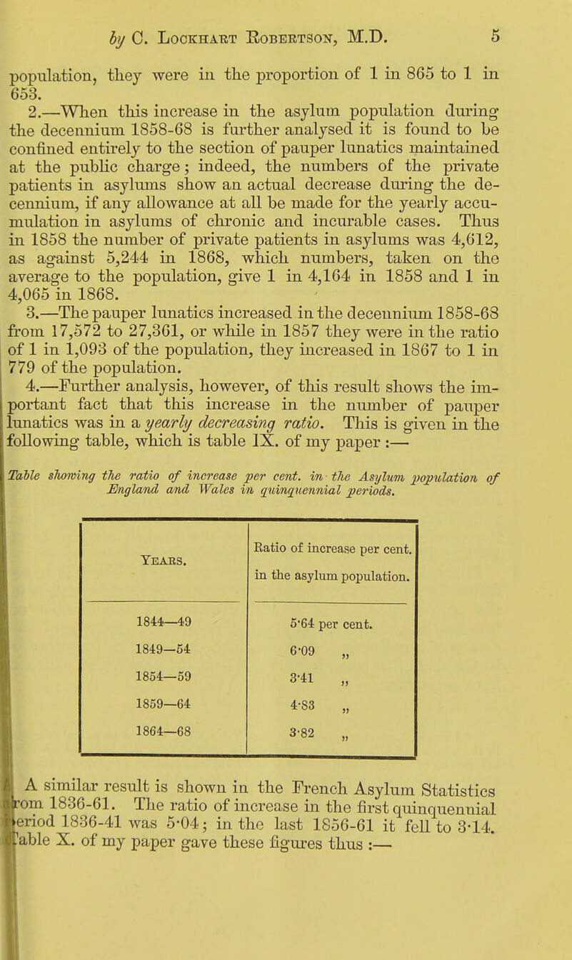 population, they were in the proportion of 1 in 865 to 1 in 653. 2. —When this increase in the asylum population during the decennium 1858-68 is further analysed it is found to be confined entirely to the section of pauper lunatics maintained at the pubhc charge; indeed, the numbers of the private patients in asylums show an actual decrease during the de- cennium, if any allowance at all be made for the yearly accu- mulation in asylums of chronic and incurable cases. Thus in 1858 the number of private patients in asylums was 4,612, as against 5,244 in 1868, which numbers, taken on the average to the population, give 1 in 4,164 in 1858 and 1 in 4,065 in 1868. 3. —The pauper lunatics increased in the decennium 1858-68 from 17,572 to 27,361, or while in 1857 they were in the ratio of 1 in 1,093 of the population, they increased in 1867 to 1 in 779 of the population. 4. —Further analysis, however, of this result shows the im- portant fact that this increase in the number of pauper unatics was in a yearly decreasing ratio. This is given in the 'ollowing table, which is table IX. of my paper :— Table shoming the ratio of increase per cent, in the Asylum population of England and Wales in quinguennial periods. Years. Ratio of increase per cent, in the asylum population. 1844—49 5'64 per cent. 1849—54 6-09 „ 1854—59 3-41 „ 1859—64 4-83 „ 1864—68 3-82 „ A similar result is shown in the French Asylum Statistics om 1836-61. The ratio of increase in the first quinquennial eriod 1836-41 was 5-04; in the last 1856-61 it fell to 3-14. able X. of my paper gave these figures thus :—