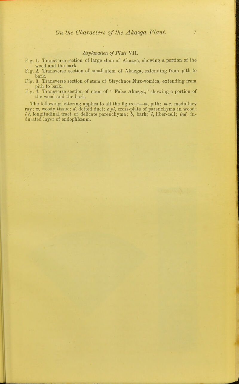 Explanation of Plate VII. Fig. 1. Transverse section of large stem of Akazga, showing a portion of the wood and the bark. Fig. 2. Transverse section of small stem of Akazga, extending from pith to bark. Fig. 3. Transverse section of stem of Strychnos Nux-vomica, extending from pith to bark. Fig. 4. Transverse section of stem of  False Akazga, showing a portion of the wood and the bark. The following lettering applies to aU the figures:—m, pith; m r, medullary ray; w, woody tissue; d, dotted duct; cpi, cross-plate of parenchyma in wood; Z longitudinal tract of delicate parenchyma; b, bark; liber-cell; ind, in- durated layer of endophlceum.