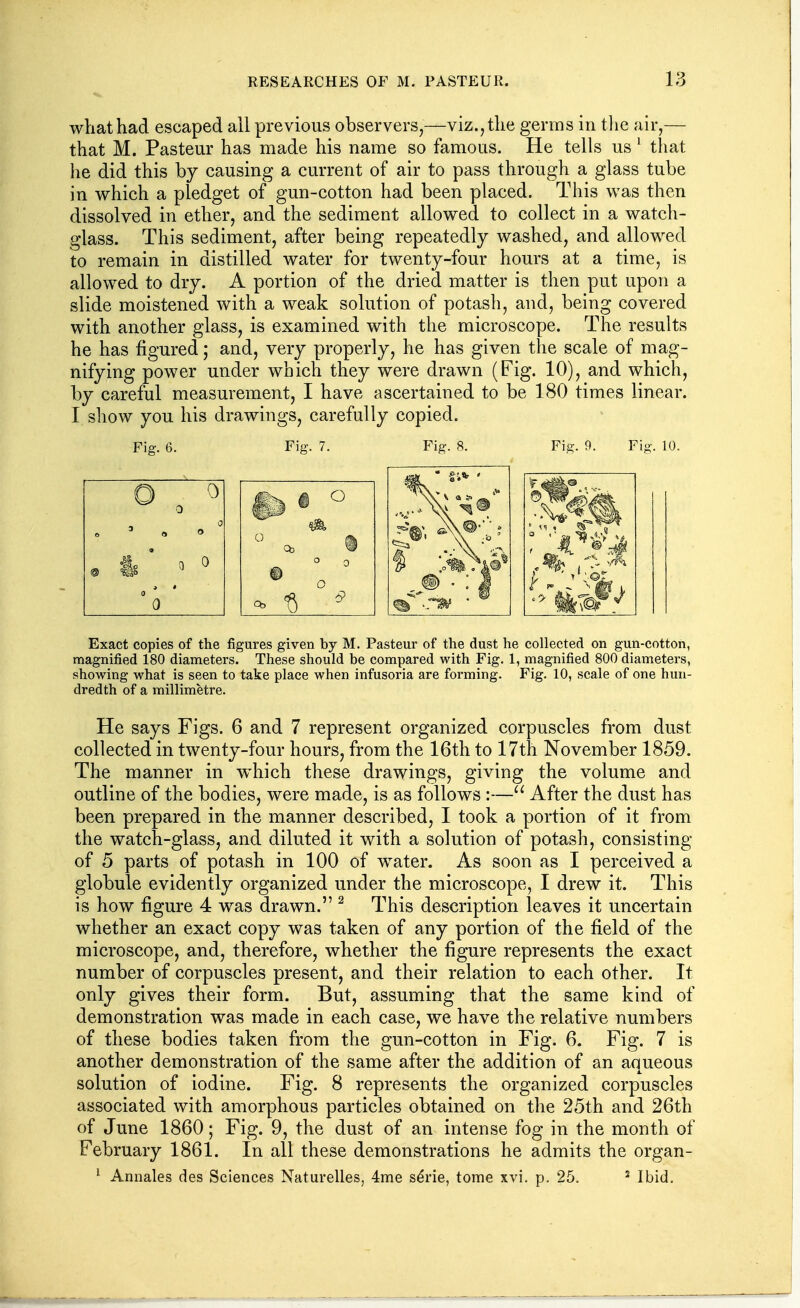 what had escaped ail previous observers,—viz., the germs in tlie air,— that M. Pasteur has made his name so famous. He tells us ^ that he did this by causing a current of air to pass through a glass tube in which a pledget of gun-cotton had been placed. This was then dissolved in ether, and the sediment allowed to collect in a watch- glass. This sediment, after being repeatedly washed, and allowed to remain in distilled water for twenty-four hours at a time, is allowed to dry. A portion of the dried matter is then put upon a slide moistened with a weak solution of potash, and, being covered with another glass, is examined with the microscope. The results he has figured; and, very properly, he has given the scale of mag- nifying power under which they were drawn (Fig. 10), and which, by careful measurement, I have ascertained to be 180 times linear. I show you his drawings, carefully copied. Fig. 6. 0 ^ 0 ® 0 0 Fig. 7. Fig. 8. Fig. 9. Fig. 10. Exact copies of the figures given by M. Pasteur of the dust he collected on gun-cotton, magnified 180 diameters. These should be compared with Fig. 1, magnified 800 diameters, showing what is seen to take place when infusoria are forming. Fig. 10, scale of one hun- dredth of a millimetre. He says Figs. 6 and 7 represent organized corpuscles from dust collected in twenty-four hours, from the 16th to 17th November 1859. The manner in which these drawings, giving the volume and outline of the bodies, were made, is as follows :—After the dust has been prepared in the manner described, I took a portion of it from the watch-glass, and diluted it with a solution of potash, consisting of 5 parts of potash in 100 of water. As soon as I perceived a globule evidently organized under the microscope, I drew it. This is how figure 4 was drawn. ^ This description leaves it uncertain whether an exact copy was taken of any portion of the field of the microscope, and, therefore, whether the figure represents the exact number of corpuscles present, and their relation to each other. It only gives their form. But, assuming that the same kind of demonstration was made in each case, we have the relative numbers of these bodies taken from the gun-cotton in Fig. 6. Fig. 7 is another demonstration of the same after the addition of an aqueous solution of iodine. Fig. 8 represents the organized corpuscles associated with amorphous particles obtained on the 25th and 26th of June 1860; Fig. 9, the dust of an intense fog in the month of February 1861. In all these demonstrations he admits the organ- ^ Annales des Sciences Naturelles, 4me s^rie, tome xvi. p. 25. ^ Ibid.