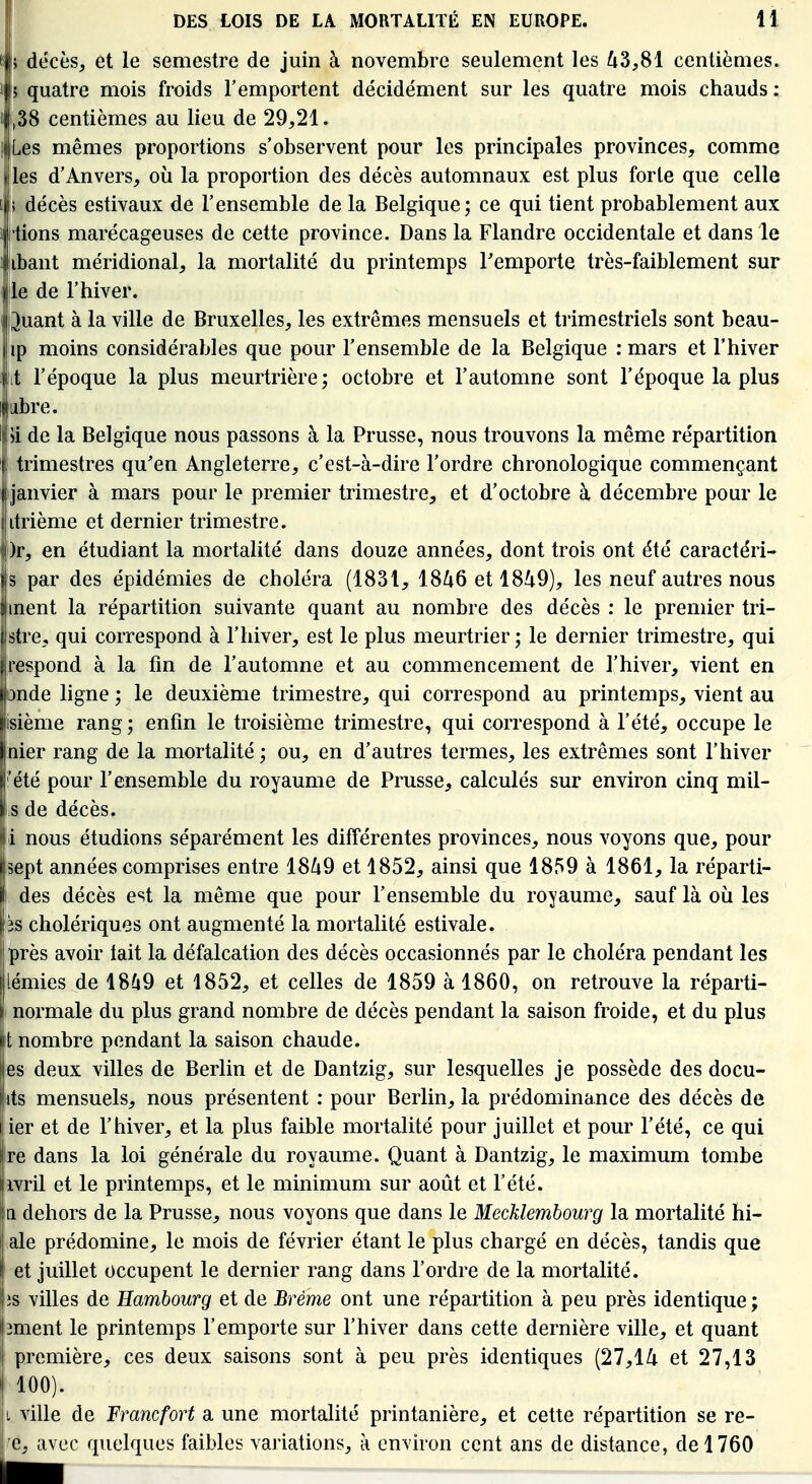 !•> décès, et le semestre de juin à novembre seulement les ^3,81 centièmes. 5 quatre mois froids l'emportent décidément sur les quatre mois chauds : ,38 centièmes au lieu de 29,21. Les mêmes proportions s'observent pour les principales provinces, comme jjles d'Anvers, où la proportion des décès automnaux est plus forte que celle décès estivaux de l'ensemble de la Belgique; ce qui tient probablement aux if tions marécageuses de cette province. Dans la Flandre occidentale et dans le ijibant méridional, la mortalité du printemps remporte très-faiblement sur 31e de l'hiver, louant à la ville de Bruxelles, les extrêmes mensuels et trimestriels sont beau- ip moins considérables que pour l'ensemble de la Belgique : mars et l'hiver it l'époque la plus meurtrière; octobre et l'automne sont l'époque la plus libre. >i de la Belgique nous passons à la Prusse, nous trouvons la même répartition trimestres qu'en Angleterre, c'est-à-dire l'ordre chronologique commençant janvier à mars pour le premier trimestre, et d'octobre à décembre pour le itrième et dernier trimestre. )r, en étudiant la mortalité dans douze années, dont trois ont été caractéri- jjs par des épidémies de choléra (1831, 18Zi6 et 18/i9), les neuf autres nous jjinent la répartition suivante quant au nombre des décès ; le premier tri- !stre, qui correspond à l'hiver, est le plus meurtrier ; le dernier trimestre, qui respond à la fin de l'automne et au commencement de l'hiver, vient en onde ligne ; le deuxième trimestre, qui correspond au printemps, vient au iiisième rang; enfin le troisième trimestre, qui correspond à l'été, occupe le |nier rang de la mortalité ; ou, en d'autres termes, les extrêmes sont l'hiver 'été pour l'ensemble du royaume de Prusse, calculés sur environ cinq mil- s de décès. 1 nous étudions séparément les différentes provinces, nous voyons que, pour sept années comprises entre 1849 et 1852, ainsi que 1859 à 1861, la réparti- des décès est la même que pour l'ensemble du royaume, sauf là où les 3S cholériques ont augmenté la mortalité estivale. près avoir lait la défalcation des décès occasionnés par le choléra pendant les iémies de 18(i9 et 1852, et celles de 1859 à 1860, on retrouve la réparti- normale du plus grand nombre de décès pendant la saison froide, et du plus t nombre pendant la saison chaude. es deux villes de Berlin et de Dantzig, sur lesquelles je possède des docu- its mensuels, nous présentent : pour Berlin, la prédominance des décès de ier et de l'hiver, et la plus faible mortalité pour juillet et pour l'été, ce qui re dans la loi générale du royaume. Quant à Dantzig, le maximum tombe ivril et le printemps, et le minimum sur août et l'été, a dehors de la Prusse, nous voyons que dans le Mecklembourg la mortalité hi- ale prédomine, le mois de février étant le plus chargé en décès, tandis que et juillet occupent le dernier rang dans l'ordre de la mortalité, (is villes de Hambourg et de Brème ont une répartition à peu près identique; jîment le printemps l'emporte sur l'hiver dans cette dernière ville, et quant j première, ces deux saisons sont à peu près identiques (27,14 et 27,13 i 100). ji ville de Francfort a une mortalité printanière, et cette répartition se re- j c, avec quelques faibles variations, à environ cent ans de distance, de 1760