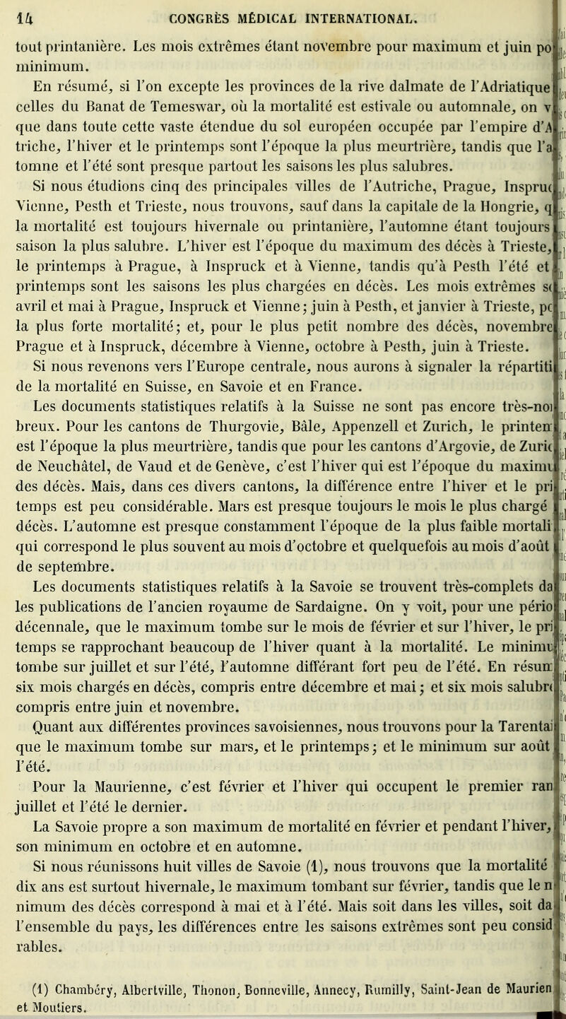 tout printanière. Les mois extrêmes étant novembre pour maximum et juin po minimum. En résumé, si l'on excepte les provinces de la rive dalmate de l'Adriatique celles du Banat de Temeswar, où la mortalité est estivale ou automnale, on v que dans toute cette vaste étendue du sol européen occupée par l'empire d'A triche, l'hiver et le printemps sont l'époque la plus meurtrière, tandis que l'a tomne et l'été sont presque partout les saisons les plus salubres. Si nous étudions cinq des principales villes de l'Autriche, Prague, Inspru( Vienne, Pesth et Trieste, nous trouvons, sauf dans la capitale de la Hongrie, q la mortalité est toujours hivernale ou printanière, l'automne étant toujours saison la plus salubre. L'hiver est l'époque du maximum des décès à Trieste, le printemps à Prague, à Inspruck et à Vienne, tandis qu'à Pesth l'été et printemps sont les saisons les plus chargées en décès. Les mois extrêmes s( ^ avril et mai à Prague, Inspruck et Vienne; juin à Pesth, et janvier à Trieste, pc la plus forte mortalité; et, pour le plus petit nombre des décès, novembre Prague et à Inspruck, décembre à Vienne, octobre à Pesth, juin à Trieste. Si nous revenons vers l'Europe centrale, nous aurons à signaler la répartiti de la mortalité en Suisse, en Savoie et en France. Les documents statistiques relatifs à la Suisse ne sont pas encore très-noi breux. Pour les cantons de Tliurgovie, Bâle, Appenzell et Zurich, le printen est l'époque la plus meurtrière, tandis que pour les cantons d'Argovie, de Zuric de Neuchâtel, de Vaud et de Genève, c'est l'hiver qui est Pépoque du maximi des décès. Mais, dans ces divers cantons, la différence entre l'hiver et le pri temps est peu considérable. Mars est presque toujours le mois le plus chargé décès. L'automne est presque constamment l'époque de la plus faible mortali qui correspond le plus souvent au mois d'octobre et quelquefois au mois d'août de septembre. Les documents statistiques relatifs à la Savoie se trouvent très-complets da les publications de l'ancien royaume de Sardaigne. On y voit, pour une pério décennale, que le maximum tombe sur le mois de février et sur l'hiver, le pri temps se rapprochant beaucoup de l'hiver quant à la mortalité. Le minimu tombe sur juillet et sur l'été, l'automne différant fort peu de l'été. En résuir six mois chargés en décès, compris entre décembre et mai ; et six mois salubn compris entre juin et novembre. Quant aux différentes provinces savoisiennes, nous trouvons pour la Tarentai que le maximum tombe sur mars, et le printemps ; et le minimum sur août l'été. Pour la Maurienne, c'est février et l'hiver qui occupent le premier ran juillet et l'été le dernier. La Savoie propre a son maximum de mortalité en février et pendant l'hiver, son minimum en octobre et en automne. Si nous réunissons huit villes de Savoie (1), nous trouvons que la mortalité dix ans est surtout hivernale, le maximum tombant sur février, tandis que le n nimum des décès correspond à mai et à l'été. Mais soit dans les villes, soit da l'ensemble du pays, les différences entre les saisons extrêmes sont peu consid rables. (1) Chambcry, Albertville, Thonoii; Bonneville, Annecy, Rumilly, Saint-Jean de Maurien et Moutiers.