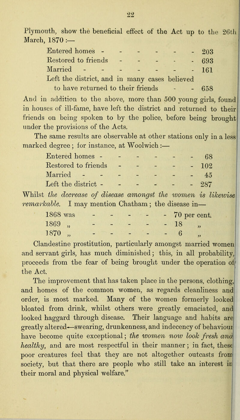 Plymouth, show the beneficial effect of the Act up to the 26th March, 1870 :— Entered homes ------ 203 Restored to friends - - - - - 693 Married - - - - - - - 161 Left the district, and in many cases believed to have returned to their friends - - 658 And in addition to the above, more than 500 young girls, found in houses of ill-fame, have left the district and returned to their friends on being spoken to by the police, before being brought under the provisions of the Acts. The same results are observable at other stations only in a less marked degree; for instance, at Woolwich :— Entered homes ------ 68 Restored to friends - - - - - 102 Married - -- ---.45 Left the district ------ 287 Whilst the decrease of disease amongst the 'women is likewise remarkable. I may mention Chatham ; the disease in— 1868 was 70 per cent. 1869 „ - - - - - 18 1870 „ . - - . . 6 „ Clandestine prostitution, particularly amongst married women and servant girls, has much diminished; this, in all probability, proceeds from the fear of being brought under the operation of' the Act. The improvement that has taken place in the persons, clothing, and homes of the common women, as regards cleanliness and order, is most marked. Many of the women formerly looked bloated from drink, whilst others were greatly emaciated, and looked haggard through disease. Their language and habits are greatly altered—swearing, drunkenness, and indecency of behaviour have become quite exceptional; the women now look fresh and healthy, and are most respectful in their manner; in fact, these poor creatures feel that they are not altogether outcasts from society, but that there are people who still take an interest m their moral and physical welfare.