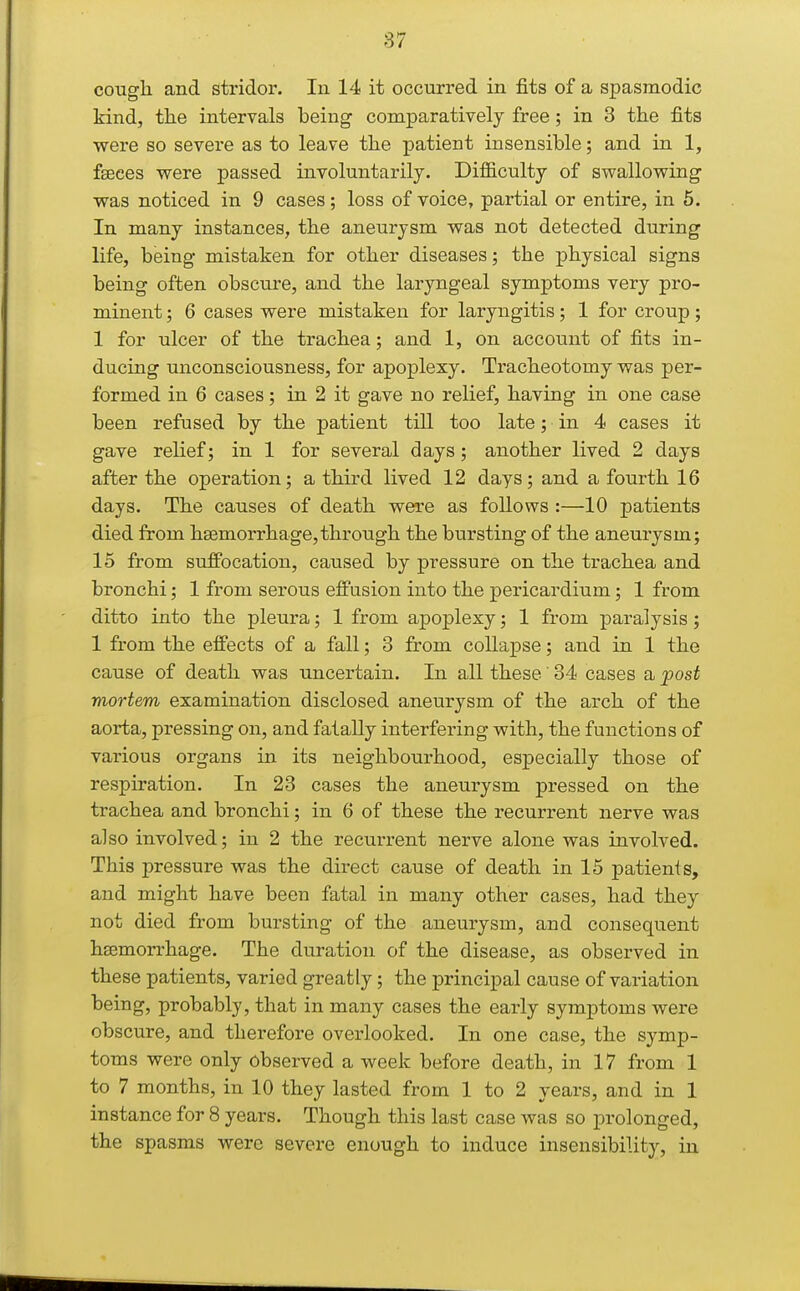 cough and stridor. In 14 it occurred in fits of a spasmodic kind, the intervals being comparatively free; in 3 the fits were so severe as to leave the patient insensible; and in 1, faeces were passed involuntarily. DifBlculty of swallowing was noticed in 9 cases; loss of voice, partial or entire, in 6. In many instances, the aneurysm was not detected during life, being mistaken for other diseases; the j)hysical signs being often obscure, and the laryngeal symptoms very pro- minent ; 6 cases were mistaken for laryngitis; 1 for croup; 1 for ulcer of the trachea; and 1, on account of fits in- ducing unconsciousness, for apoplexy. Tracheotomy was per- formed in 6 cases; in 2 it gave no relief, having in one case been refused by the patient till too late; in 4 cases it gave relief; in 1 for several days; another lived 2 days after the operation; a third lived 12 days; and a fourth 16 days. The causes of death were as follows :—10 patients died from hasmorrhage,through the bursting of the aneurysm; 15 from suffocation, caused by pressure on the trachea and bronchi; 1 from serous effusion into the pericardium; 1 from ditto into the pleura; 1 from apoplexy; 1 from paralysis; 1 from the effects of a fall; 3 from collapse; and in 1 the cause of death was uncertain. In all these' 34 cases a post mortem examination disclosed aneurysm of the arch of the aorta, pressing on, and fatally interfering with, the functions of various organs in its neighbourhood, especially those of respiration. In 23 cases the aneurysm pressed on the trachea and bronchi; in 6 of these the recurrent nerve was also involved; in 2 the recurrent nerve alone was involved. This pressure was the direct cause of death in 15 patients, and might have been fatal in many other cases, had they not died from bursting of the aneurysm, and consequent haemorrhage. The duration of the disease, as observed in these patients, varied greatly; the principal cause of variation being, probably, that in many cases the early symptoms were obscure, and therefore overlooked. In one case, the symp- toms were only observed a week before death, in 17 from 1 to 7 months, in 10 they lasted from 1 to 2 years, and in 1 instance for 8 years. Though this last case was so prolonged, the spasms were severe enough to induce insensibility, in