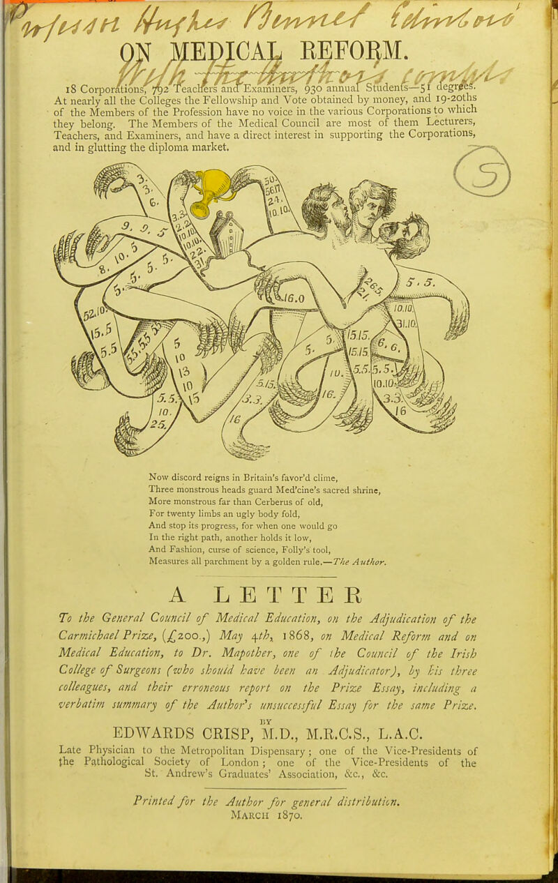 ^^M^n Ui^h^ f^i^n^n^ EDICAL REFORM. 18 Corporations' ancTExaminers, 930 anmia^^mdeni^-^^^^^^^^^^ At nearly all the Colleges the Fellowship and Vote obtained by money, and i9-20ths of the Members of the Profession have no voice in the various Corporations to which they belong. The Members of the Medical Council are most of them Lecturers, Teachers, and Examiners, and have a direct interest in supporting the Corporations, and in glutting the diploma market. Now discord reigns in Britain's favor'd clime, Three monstrous heads guard Med'cine's sacred shrine, More monstrous far than Cerberus of old, For twenty limbs an ugly body fold, And stop its progress, for when one would go In the right path, another holds it low, And Fashion, curse of science. Folly's tool, Measures all parchment by a golden rule.— The Author. A LETTER To the General Council of Medical Education, on the Adjudication of the Carmichael Prize, {£zoo.,) May ^th,^ 1868, on Medical Reform and on Medical Education, to Dr. Mapother, one of the Council of the Irish College of Surgeons (who should have been an Adjudicator), by his three colleagues, and their erroneous report on the Prize Essay, includitig a •verbatim summary of the Author's unsuccessful Essay for the same Prize. JIY EDWARDS CRISP, M.D., M.R.C.S., L.A.C. Late Physician to the Metropolitan Dispensary; one of the Vice-Presidents of the Ptvthological _ Society of London; one of the Vice-Presidents of the St. Andrew's Graduates' Association, &c., &c. Printed for the Author for general distribution. March 1870.