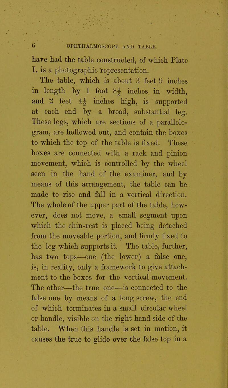 have had the table constructed, of which Plate I. is a photographic representation. The table, which is about 3 feet 9 inches in length by 1 foot 8£ inches in width, and 2 feet 4| inches high, is supported at each end by a broad, substantial leg. These legs, which are sections of a parallelo- gram, are hollowed out, and contain the boxes to which the top of the table is fixed. These boxes are connected with a rack and pinion movement, which is controlled by the wheel seen in the hand of the examiner, and by means of this arrangement, the table can be made to rise and fall in a vertical direction. The whole of the upper part of the table, how- ever, does not move, a small segment upon which the chin-rest is placed being detached from the moveable portion, and firmly fixed to the leg which supports it. The table, further, has two tops—one (the lower) a false one, is, in reality, only a framework to give attach- ment to the boxes for the vertical movement. The other—the true one—is connected to the false one by means of a long screw, the end of which terminates in a small circular wheel or handle, visible on the right hand side of the table. When this handle is set in motion, it causes the true to glide over the false top in a