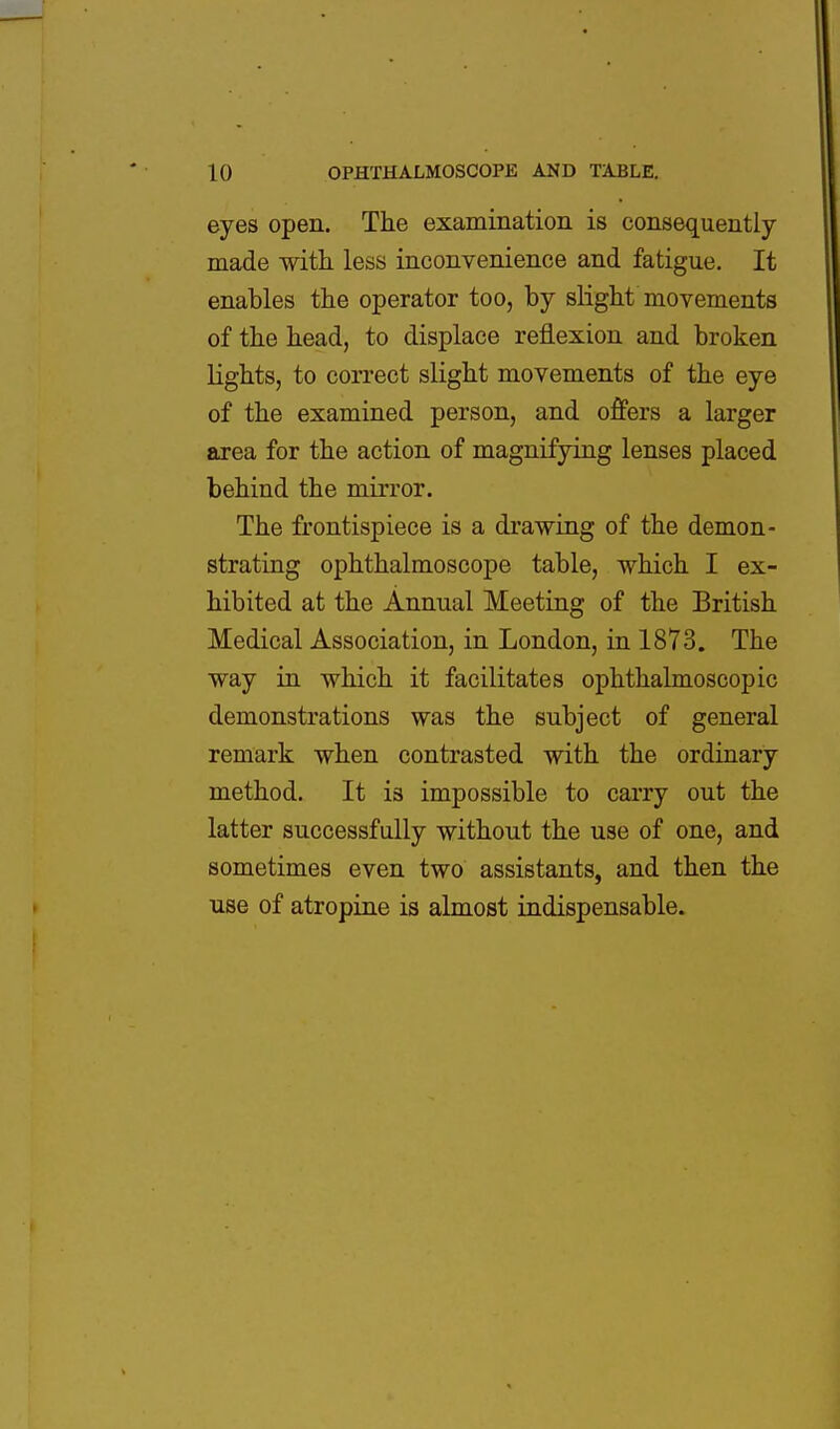 eyes open. The examination is consequently- made with less inconvenience and fatigue. It enables the operator too, by slight movements of the head, to displace reflexion and broken lights, to correct slight movements of the eye of the examined person, and offers a larger area for the action of magnifying lenses placed behind the mirror. The frontispiece is a drawing of the demon- strating ophthalmoscope table, which I ex- hibited at the Annual Meeting of the British Medical Association, in London, in 1873. The way in which it facilitates ophthalmoscopic demonstrations was the subject of general remark when contrasted with the ordinary method. It is impossible to carry out the latter successfully without the use of one, and sometimes even two assistants, and then the use of atropine is almost indispensable.