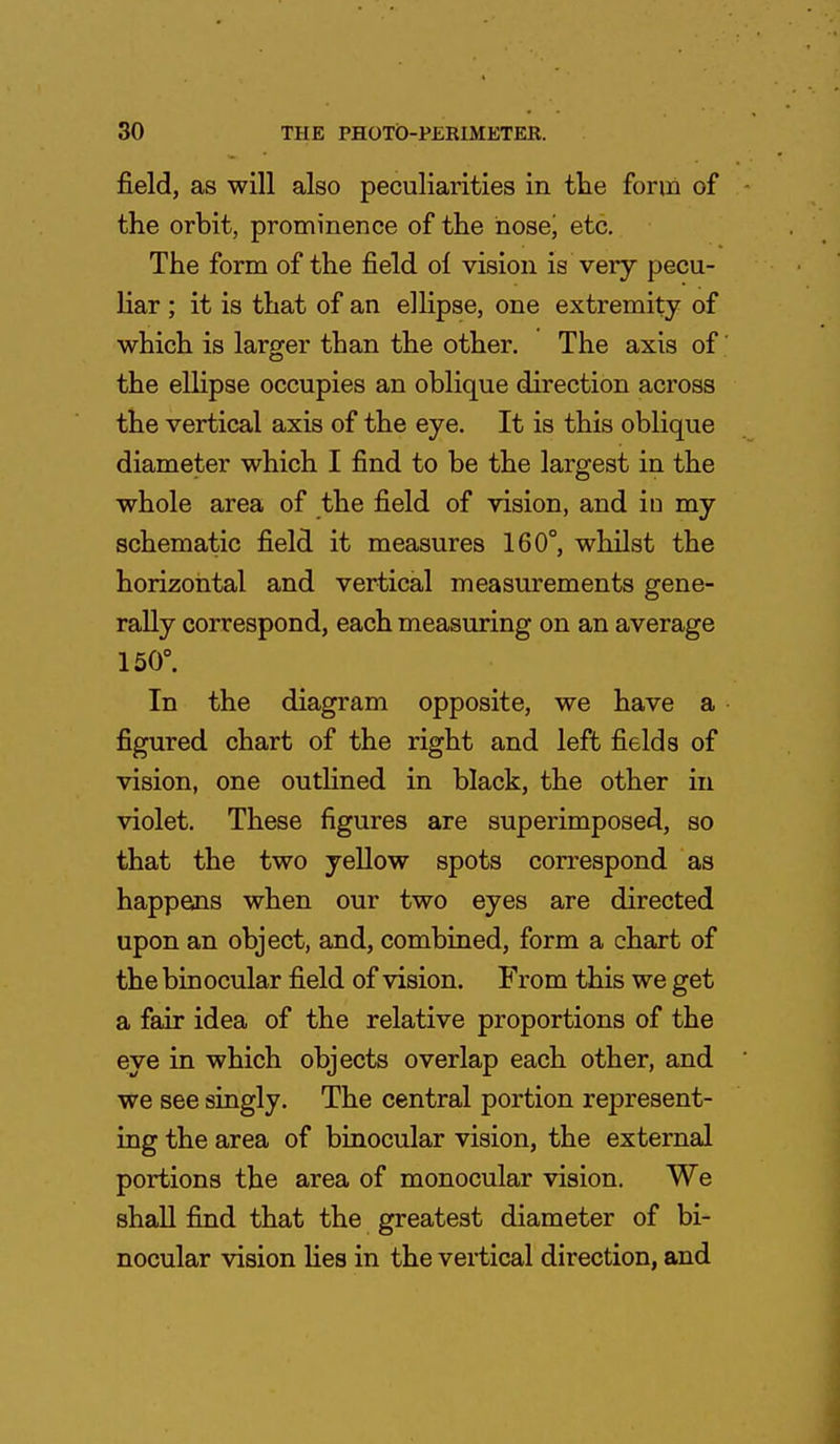 field, as will also peculiarities in the form of the orbit, prominence of the hosej etc. The form of the field of vision is very pecu- liar ; it is that of an ellipse, one extremity of which is larger than the other. The axis of' the ellipse occupies an oblique direction across the vertical axis of the eye. It is this oblique diameter which I find to be the largest in the whole area of the field of vision, and iu my schematic field it measures 160°, whilst the horizontal and vertical measurements gene- rally correspond, each measuring on an average 150°. In the diagram opposite, we have a figured chart of the right and left fields of vision, one outlined in black, the other in violet. These figures are superimposed, so that the two yellow spots correspond as happens when our two eyes are directed upon an object, and, combined, form a chart of the binocular field of vision. From this we get a fair idea of the relative proportions of the eye in which objects overlap each other, and we see singly. The central portion represent- ing the area of binocular vision, the external portions the area of monocular vision. We shall find that the greatest diameter of bi- nocular vision lies in the vertical direction, and