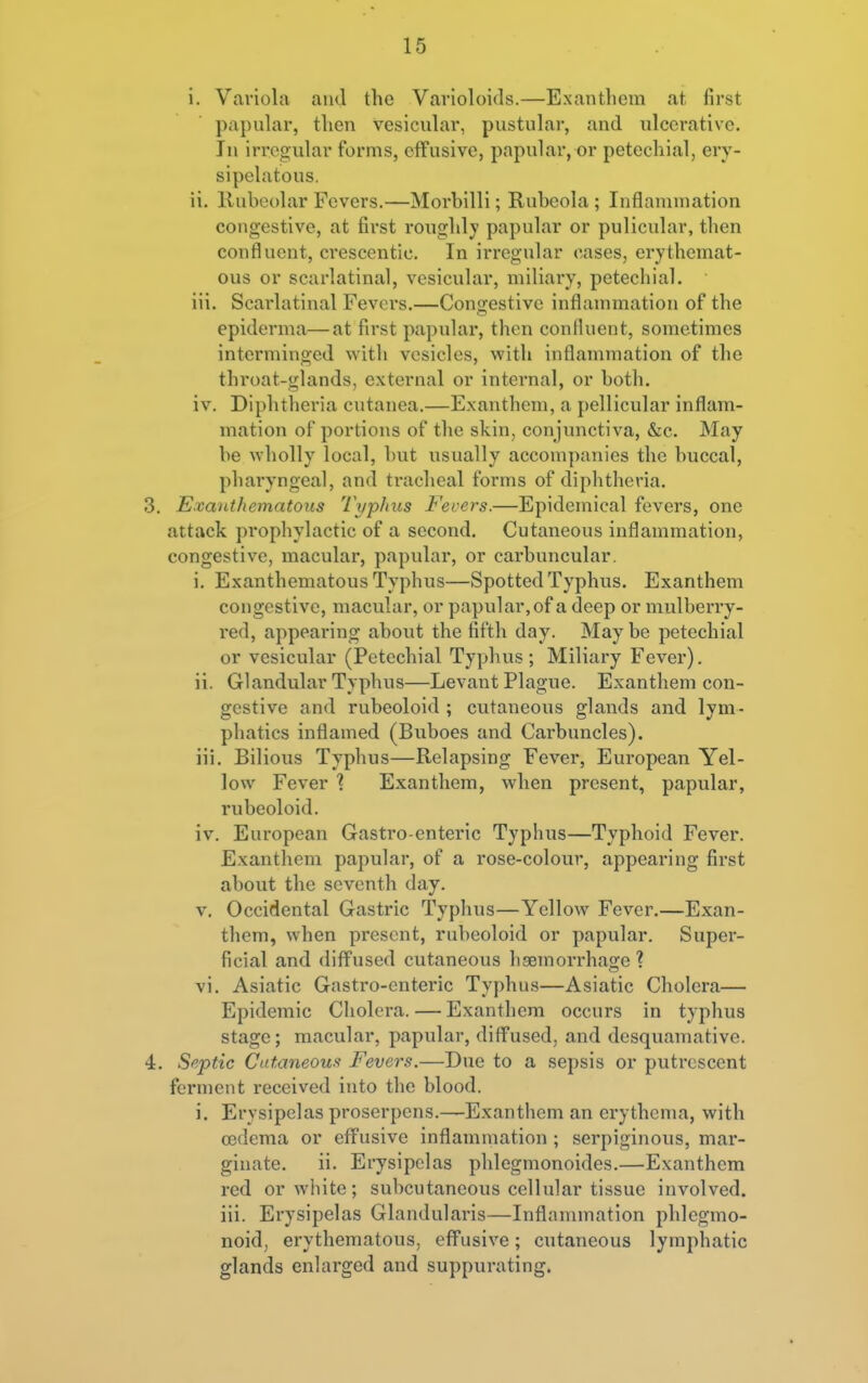 i. Variola and the Varioloids.—Exantliem at first papular, tlien vesicular, pustular, and ulcerative. In irregular forms, effusive, papular, or petechial, ery- sipelatous. ii. Kubeolar Fevers.—Morbilli; Rubeola ; Inflamniation congestive, at first roughly papular or pulicular, then confluent, crescentic. In irregular cases, erythemat- ous or scarlatinal, vesicular, miliary, petecliial. iii. Scarlatinal Fevers.—Cono;estive inflammation of the epiderma—at first papular, then confluent, sometimes interminged with vesicles, with inflammation of the throat-glands, external or internal, or both. iv. Diphtheria cutanea.—Exanthem, a pellicular inflam- mation of portions of the skin, conjunctiva, &c. May be wholly local, but usually accompanies the buccal, phai-yngeal, and ti-acheal forms of diphtheria. 3. E:miithematous Typhus Fevers.—Epidemical fevers, one attack prophylactic of a second. Cutaneous inflammation, congestive, macular, papular, or carbuncular. i. Exanthematous Typhus—Spotted Typhus. Exanthem congestive, macular, or papular, of a deep or mulberry- red, appearing about the fifth day. May be petechial or vesicular (Petechial Typhus ; Miliary Fever). ii. Glandular Typhus—Levant Plague. Exanthem con- gestive and rubeoloid ; cutaneous glands and lym- phatics inflamed (Buboes and Carbuncles). iii. Bilious Typhus—Relapsing Fever, European Yel- low Fever ? Exanthem, when present, papular, rubeoloid. iv. Eui-opean Gastro-enteric Typhus—Typhoid Fever. Exanthem papular, of a rose-colour, appearing first about the seventh dtiy. V. Occidental Gastric Typhus—Yellow Fever.—Exan- them, when present, rubeoloid or papular. Super- ficial and diffused cutaneous hgemorrhage ? vi. Asiatic Gastro-enteric Typhus—Asiatic Cholera— Epidemic Cholera. — Exanthem occurs in typhus stage; macular, papular, diffused, and desquamative. 4. Septic Cutaneous Fevers.—Due to a sepsis or putrescent ferment received into the blood. i. Erysipelas proserpens.—Exanthem an erythema, with oedema or effusive inflammation ; serpiginous, mar- ginate. ii. Erysipelas phlegmonoides.—Exanthem red or white; subcutaneous cellular tissue involved, iii. Erysipelas Glandularis—Inflammation phlegmo- noid, erythematous, effusive; cutaneous lymphatic glands enlarged and suppurating.