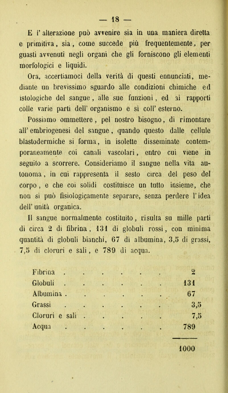 E r alterazione può avvenire sia in una maniera diretta e primitiva, sia, come succede più frequentemente, per guasti avvenuti negli organi che gli forniscono gli elementi morfologici e liquidi. Ora, accertiamoci della verità di questi ennunciati, me- diante un brevissimo sguardo alle condizioni chimiche ed istologiche del sangue, alle sue funzioni, ed ai rapporti colle varie parti dell' organismo e si coli' esterno. Possiamo ommettere, pel nostro bisogno, di rimontare all' embriogenesi del sangue, quando questo dalle cellule blastodermiche si forma, in isolette disseminate contem- poraneamente coi canali vascolari, entro cui viene in seguito a scorrere. Consideriamo il sangue nella vita au- tonoma , in cui rappresenta il sesto circa del peso del corpo, e che coi solidi costituisce un tutto insieme, che non si può fisiologicamente separare, senza perdere l'idea deìl' unità organica. Il sangue normalmente costituito, risulta su mille parti di circa 2 di fibrina, 131 di globuli rossi, con minima quantità di globuli bianchi, 67 di albumina, 3,5 di grassi, 7,5 di cloruri e sali, e 789 di acqua. Fibrina . Globuli . Albumina . Grassi Cloruri e sali Acqua 2 131 67 3,5 7,5 789 1000