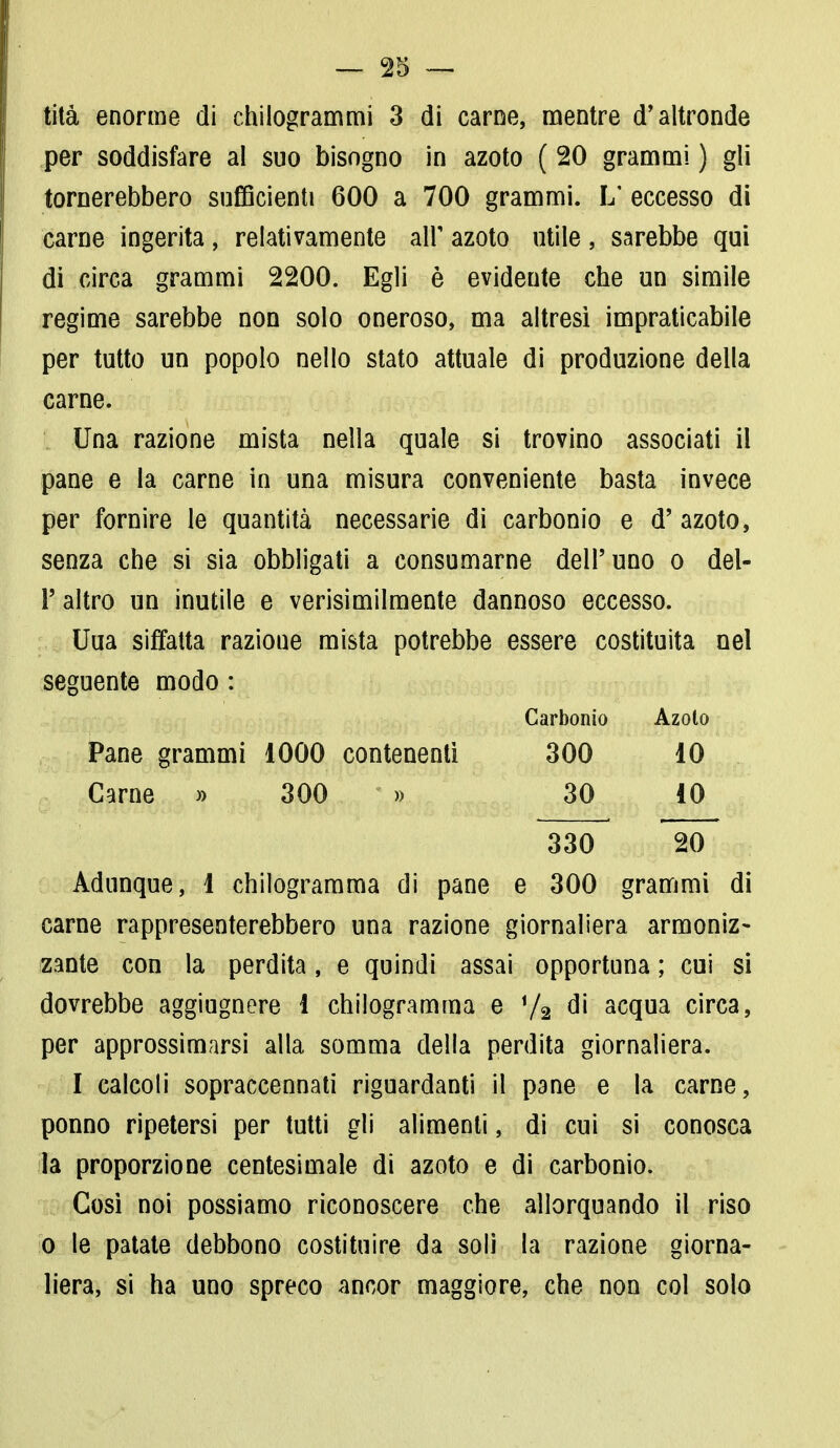 tità enorme di chilogrammi 3 di carne, mentre d'altronde per soddisfare al suo bisogno in azoto ( 20 grammi ) gli tornerebbero sufficienti 600 a 700 grammi. L' eccesso di carne ingerita, relativamente air azoto utile, sarebbe qui di circa grammi 2200. Egli è evidente che un simile regime sarebbe non solo oneroso, ma altresì impraticabile per tutto un popolo nello stato attuale di produzione della carne. Una razione mista nella quale si trovino associati il pane e la carne in una misura conveniente basta invece per fornire le quantità necessarie di carbonio e d' azoto, senza che si sia obbligati a consumarne dell'uno o del- l' altro un inutile e verisimilmente dannoso eccesso. Uua siffatta razione mista potrebbe essere costituita nel seguente modo : Carbonio Azoto Pane grammi 1000 contenenti 300 10 Carne » 300 » 30 10 330 20 Adunque, 1 chilogramma di pane e 300 grammi di carne rappresenterebbero una razione giornaliera armoniz- zante con la perdita, e quindi assai opportuna ; cui si dovrebbe aggiugnere 1 chilogramma e Va <H acqua circa, per approssimarsi alla somma della perdita giornaliera. I calcoli sopraccennati riguardanti il pane e la carne, ponno ripetersi per tutti gli alimenti, di cui si conosca la proporzione centesimale di azoto e di carbonio. Cosi noi possiamo riconoscere che allorquando il riso o le patate debbono costituire da soli la razione giorna- liera, si ha uno spreco ancor maggiore, che non col solo