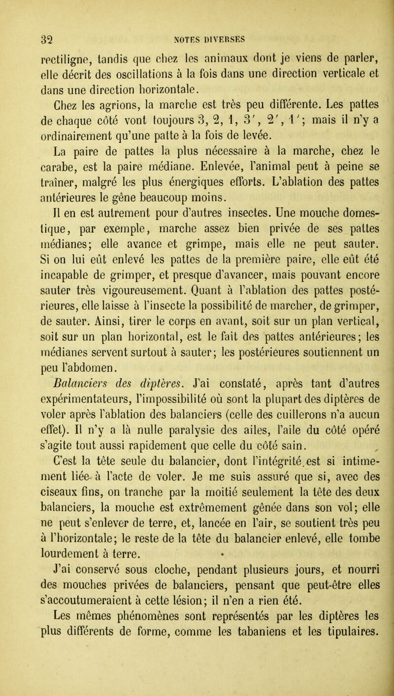 rpctiligne, tandis que chez les animaux dont je viens de parler, elle décrit des oscillations à la fois dans une direction verticale et dans une direction horizontale. Chez les agrions, la marche est très peu différente. Les pattes de chaque côté vont toujours 3, 2, 1, 3', 2', r ; mais il n'y a ordinairement qu'une patte à la fois de levée. La paire de pattes la plus nécessaire à la marche, chez le carabe, est la paire médiane. Enlevée, Tanimal peut à peine se traîner, malgré les plus énergiques efforts. L'ablation des pattes antérieures le gêne beaucoup moins. Il en est autrement pour d'autres insectes. Une mouche domes- tique, par exemple, marche assez bien privée de ses pattes médianes; elle avance et grimpe, mais elle ne peut sauter. Si on lui eût enlevé les pattes de la première paire, elle eût été incapable de grimper, et presque d'avancer, mais pouvant encore sauter très vigoureusement. Quant à l'ablation des pattes posté- rieures, elle laisse à l'insecte la possibilité de marcher, de grimper, de sauter. Ainsi, tirer le corps en avant, soit sur un plan vertical, soit sur un plan horizontal, est le fait des pattes antérieures; les médianes servent surtout à sauter; les postérieures soutiennent un peu l'abdomen. Balanciers des diptères. J'ai constaté, après tant d'autres expérimentateurs, l'impossibilité où sont la plupart des diptères de voler après l'ablation des balanciers (celle des cuillerons n'a aucun effet). Il n'y a là nulle paralysie des ailes, l'aile du côté opéré s'agite tout aussi rapidement que celle du côté sain. C'est la tête seule du balancier, dont l'intégrité^est si intime- ment liée à l'acte de voler. Je me suis assuré que si, avec des ciseaux fins, on tranche par la moitié seulement la tête des deux balanciers, la mouche est extrêmement gênée dans son vol; elle ne peut s'enlever de terre, et, lancée en l'air, se soutient très peu à l'horizontale; le reste de la tête du balancier enlevé, elle tombe lourdement à terre. J'ai conservé sous cloche, pendant plusieurs jours, et nourri des mouches privées de balanciers, pensant que peut-être elles s'accoutumeraient à cette lésion; il n'en a rien été. Les mêmes phénomènes sont représentés par les diptères les plus différents de forme, comme les tabaniens et les tipulaires.