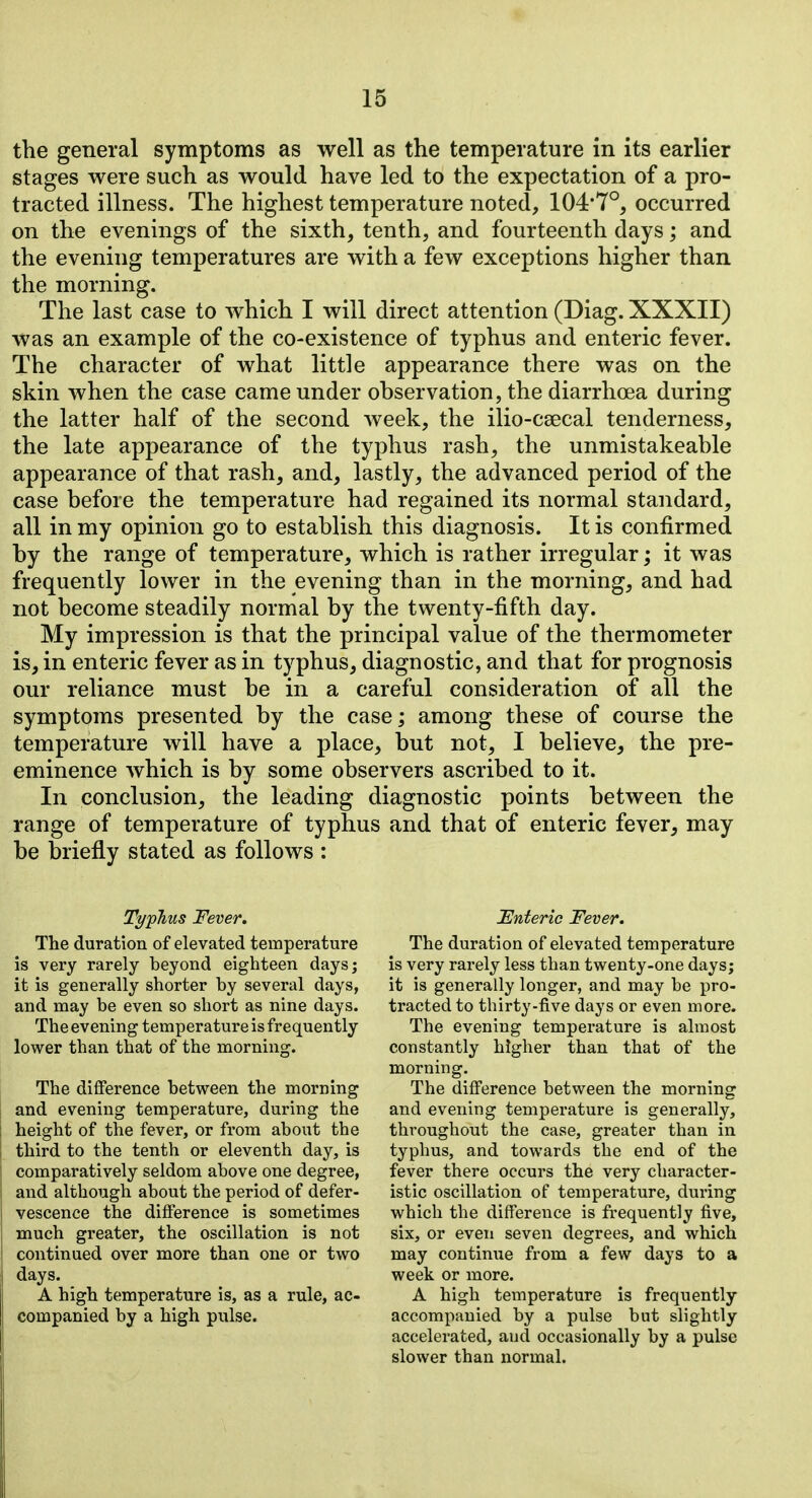 tlie general symptoms as well as the temperature in its earlier stages were such as would have led to the expectation of a pro- tracted illness. The highest temperature noted, 104*7°, occurred on the evenings of the sixth, tenth, and fourteenth days; and the evening temperatures are with a few exceptions higher than the morning. The last case to which I will direct attention (Diag. XXXII) was an example of the co-existence of typhus and enteric fever. The character of what little appearance there was on the skin when the case came under observation, the diarrhoea during the latter half of the second week, the ilio-csecal tenderness, the late appearance of the typhus rash, the unmistakeable appearance of that rash, and, lastly, the advanced period of the case before the temperature had regained its normal standard, all in my opinion go to establish this diagnosis. It is confirmed by the range of temperature, which is rather irregular; it was frequently lower in the evening than in the morning, and had not become steadily normal by the twenty-fifth day. My impression is that the principal value of the thermometer is, in enteric fever as in typhus, diagnostic, and that for prognosis our reliance must be in a careful consideration of all the symptoms presented by the case; among these of course the temperature will have a place, but not, I believe, the pre- eminence which is by some observers ascribed to it. In conclusion, the leading diagnostic points between the range of temperature of typhus and that of enteric fever, may be briefly stated as follows : Typhus Fever. The duration of elevated temperature is very rarely beyond eighteen days; it is generally shorter by several days, and may be even so short as nine days. The evening temperature is frequently lower than that of the morning. The difference between the morning and evening temperature, during the I height of the fever, or from about the third to the tenth or eleventh day, is comparatively seldom above one degree, and although about the period of defer- i vescence the difference is sometimes much greater, the oscillation is not ; continued over more than one or two days. A high temperature is, as a rule, ac- companied by a high pulse. Enteric Fever. The duration of elevated temperature is very rarely less than twenty-one days; it is generally longer, and may be pro- tracted to thirty-five days or even more. The evening temperature is almost constantly higher than that of the morning. The difference between the morning and evening temperature is generally, throughout the case, greater than in typhus, and towards the end of the fever there occurs the very character- istic oscillation of temperature, during which the difference is frequently five, six, or even seven degrees, and which may continue from a few days to a week or more. A high temperature is frequently accompanied by a pulse but slightly accelerated, and occasionally by a pulse slower than normal.