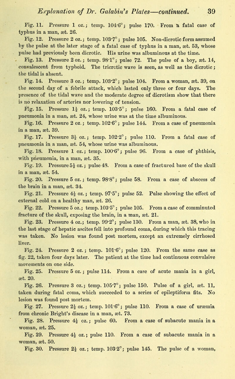 Fig. 11. Pressure 1 oz.; temp. 104-6°; pulse 170. From a fatal case of typhus in a man, set. 26. Fig. 12. Pressure 2 oz.; temp. 1037°; pulse 105. Non-dicrotic form assumed by the pulse at the later stage of a fatal case of typhus in a man, set. 53, whose pulse had previously been dicrotic. His urine was albuminous at the time. Fig. 13. Pressure 2 oz.; temp. 98*1°; pulse 72. The pulse of a boy, set. 14, convalescent from typhoid. The tricrctic wave is seen, as well as the dicrotic; the tidal is absent. Fig. 14. Pressure 3 oz.; temp. 103*2°; pulse 104. From a woman, set. 39, on the second day of a febrile attack, which lasted only three or four days. The presence of the tidal wave and the moderate degree of dicrotism show that there is no relaxation of arteries nor lowering of tension. Fig. 15. Pressure 1| oz.; temp. 103*5°; pulse 160. From a fatal case of pneumonia in a man, set. 24, whose urine was at the time albuminous. Fig. 16. Pressure 2 oz.; temp. 102*6°; pulse 144. From a case of pneumonia in a man, set. 39. Fig. 17. Pressure 3|^ oz.; temp. 102*2°; pulse 110. From a fatal case of pneumonia in a man, set. 54, whose urine was albuminous. Fig. 18. Pressure 1 oz.; temp. 100*6°; pulse 96. From a case of phthisis, with pneumonia, in a man, set. 35. Fig. 19. Pressures! oz.; pulse 48. From a case of fractured base of the skull in a man, set. 54. Fig. 20. Pressure 5 oz.; temp. 98*8°; pulse 58. From a case of abscess of the brain in a man, set. 34. Fig. 21. Pressure 4f oz.; temp. 97*5°; pulse 52. Pulse showing the effect of external cold on a healthy man, set. 26. Fig. 22. Pressure 5 oz.; temp. 103*5°; pulse 105. From a case of comminuted fracture of the skull, exposing the brain, in a man, set. 21. Fig. 23. Pressure 4 oz.; temp. 99*2°; pulse 130. From a man, set. 38, who in the last stage of hepatic ascites fell into profound coma, during which this tracing was taken. No lesion was found post mortem, except an extremely cirrhosed liver. Fig. 24. Pressure 2 oz.; temp. 101*6°; pulse 120. From the same case as fig. 22, taken four days later. The patient at the time had continuous convulsive movements on one side. Fig. 25. Pressure 5 oz.; pulse 114. From a case of acute mania in a girl, set. 20. Fig. 26. Pressure 3 oz.; temp. 105*7°; pulse 150. Pulse of a girl, set. 11, taken during fatal coma, which succeeded to a series of epileptiform fits. No lesion was found post mortem. Fig. 27. Pressure 2^ oz.; temp. 101*6°; pulse 110. From a case of ursemia from chronic Bright's disease in a man, set. 73. Fig. 28. Pressure 4| oz.; pulse 60. From a case of subacute mania in a woman, set. 25. Fig. 29. Pressure 4i\ oz.; pulse 110. From a case of subacute mania in a woman, set. 50. Fig. 30. Pressure 2| oz.; temp. 103*2°; pulse 145. The pulse of a woman,