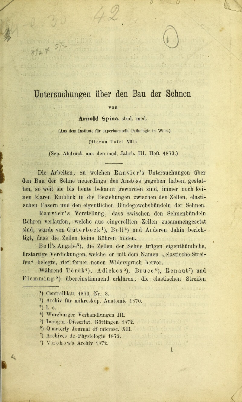 ö ü TJütersuchungen über den Bau der Sehnen vou Arnold Spina, stud. med. (Aus dem Institute für experimentelle Pathologie in Wien.) (Hierzu Tafel VIII.) (Sep.-Abdruck aus den med. Jahrb. III. Heft 1873.) Die Arbeiten, zu welchen Ran vi er's Untersuchungen über den Bau der Sehne neuerdings den Anstoss gegeben haben, gestat- ten, so weit sie bis heute bekannt geworden sind, immer noch kei- nen klaren Einblick in die Beziehungen zwischen den Zellen, elasti- schen Fasern und den eigentlichen Bindegewebsbündeln der Sehnen. Eanvier's Vorstellung, dass zwischen den Sehnenbündeln Röhren verlaufen, welche aus eingerollten Zellen zusammengesetzt sind, wurde von Güterbock^), Boll'-^) und Anderen dahin berich- tigt, dass die Zellen keine Röhren bilden. Bo ll's Angabe^), die Zellen der Sehne trügen eigenthümliche, firstartige Verdickungen, welche er mit dem Namen »elastische Strei- fen* belegte, rief ferner neuen Widerspruch hervor. Während Török^), Adickes^), Bruce^), Ren auf) und Flemming ^) übereinstimmend erklären, die elastischen Streifen *) Centraiblatt 1870, Nr. 3. ^) Archiv für mikroskop. Anatomie 1870. 3) 1. c. *) Würzburger Verhandlungen III. ^) Inaugur.-Dissertat. Güttingen 18721. **) Quarterly Journal of microsc. XIL ^) Archives de Physiologie 187^2. '^) Virchow's Archiv 187^.