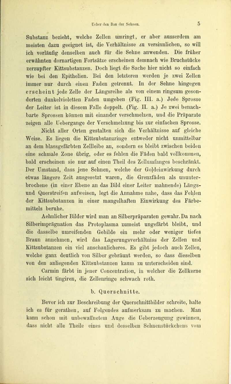 Substanz bezieht, welche Zellen umringt, er aber ausserdem am meisten dazu geeignet ist, die Verhältnisse zu versinnlichen, so will ich vorläufig denselben auch für die Sehne anwenden. Die früher erwähnten dornartigen Fortsätze erscheinen demnach wie Bruchstücke zerzupfter Kittsubstanzen. Doch liegt die Sache hier nicht so einfach wie bei den Epithelien. Bei den letzteren werden je zwei Zellen immer nur durch einen Faden getrennt. In der Sehne hingegen erscheint jede Zelle der Längsreihe als von einem ringsum geson- derten dunkelvioletten Faden umgeben (Fig. III. a.) Jede Sprosse der Leiter ist in diesem Falle doppelt. (Fig. II. a.) Je zwei benach- barte Sprossen können mit einander verschmelzen, und die Präparate zeigen alle Uebergange der Verschmelzung bis zur einfachen Sprosse. Nicht aller Orten gestalten sich die Verhältnisse auf gleiche Weise. Es liegen die Kittsubstanzringe entweder nicht unmittelbar an dem blassgefärbten Zellleibe an, sondern es bleibt zwischen beiden eine schmale Zone übrig, oder es fehlen die Fäden bald vollkommen, bald erscheinen sie nur auf einen Theil des Zellumfanges beschränkt. Der Umstand, dass jene Sehnen, welche der Groldeinwirkung durch etwas längere Zeit ausgesetzt waren, die Orenzfäden als ununter- brochene (in einer Ebene an das Bild einer Leiter mahnende) Längs- und Querstreifftn aufweisen, legt die Annahme nahe, dass das Fehlen der Kittsubstanzen in einer mangelhaften Einwirkung des Färbe- mittels beruhe. Aehnlicher Bilder wird man an Silberpräparaten gewahr. Da nach Silberimprägnation das Protoplasma zumeist ungefärbt bleibt, und die dasselbe umreifenden Gebilde ein mehr oder weniger tiefes Braun annehmen, wird das Lagerungsverhältniss der Zellen und Kittsubstanzen ein viel anschaulicheres. Es gibt jedoch auch Zellen, welche ganz deutlich von Silber gebräunt werden, so dass dieselben von den anliegenden Kittsubstanzen kaum zu unterscheiden sind. Carmin färbt in jener Concentration, in welcher die Zellkerne sich leicht tingiren, die Zellenringe schwach roth. b. Querschnitte. Bevor ich zur Beschreibung der Querschnittbilder schreite, halte ich es für gerathen, auf Folgendes aufmerksam zu machen. Man kann schon mit unbewaffnetem Auge die Ueberzeugung gewinnen, dass nicht alle Theile eines und desselben Sehnenstückchens vom