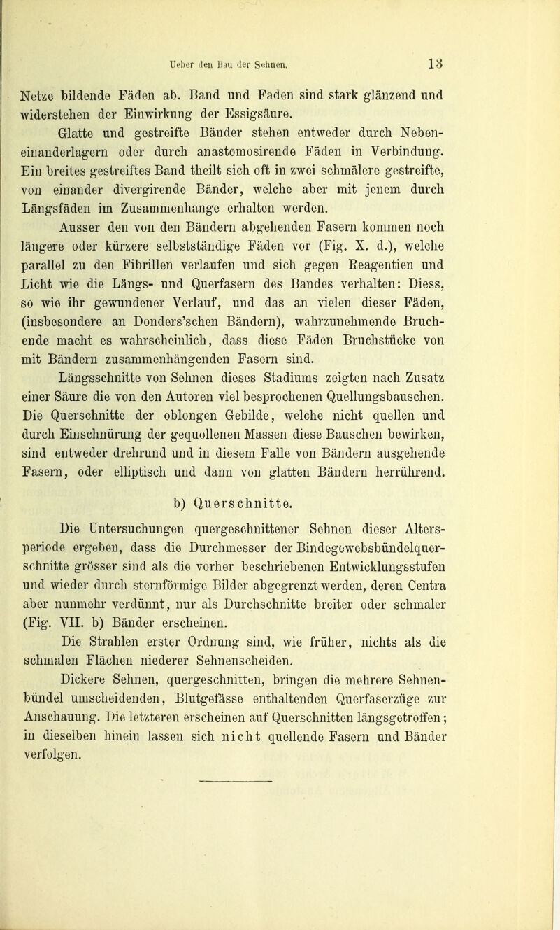 Netze bildende Fäden ab. Band und Faden sind stark glänzend und widerstehen der Einwirkung der Essigsäure. Glatte und gestreifte Bänder stehen entweder durch Neben- einanderlagern oder durch anastomosirende Fäden in Verbindung. Ein breites gestreiftes Band theilt sich oft in zwei schmälere gestreifte, von einander divergirende Bänder, welche aber mit jenem durch Längsfäden im Zusammenhange erhalten werden. Ausser den von den Bändern abgehenden Fasern kommen noch längere oder kürzere selbstständige Fäden vor (Fig. X. d.), welche parallel zu den Fibrillen verlaufen und sich gegen Eeagentien und Licht wie die Längs- und Querfasern des Bandes verhalten: Diess, so wie ihr gewundener Verlauf, und das an vielen dieser Fäden, (insbesondere an Donders'schen Bändern), wahrzunehmende ßruch- ende macht es wahrscheinlich, dass diese Fäden Bruchstücke von mit Bändern zusammenhängenden Fasern sind. Längsschnitte von Sehnen dieses Stadiums zeigten nach Zusatz einer Säure die von den Autoren viel besprochenen Quellungsbauschen. Die Querschnitte der oblongen Gebilde, welche nicht quellen und durch Einschnürung der gequollenen Massen diese Bauschen bewirken, sind entweder drehrund und in diesem Falle von Bändern ausgehende Fasern, oder elliptisch und dann von glatten Bändern herrührend. b) Querschnitte. Die Untersuchungen quergeschnittener Sehnen dieser Alters- periode ergeben, dass die Durchmesser der Bindegewebsbündelquer- schnitte grösser sind als die vorher beschriebenen Entwicklungsstufen und wieder durch sternförmige Bilder abgegrenzt werden, deren Centra aber nunmehr verdünnt, nur als Durchschnitte breiter oder schmaler (Fig. VII. b) Bänder erscheinen. Die Strahlen erster Ordnung sind, wie früher, nichts als die schmalen Flächen niederer Sehnenscheiden. Dickere Sehnen, quergeschnitten, bringen die mehrere Sehnen- bündel umscheidenden, Blutgefässe enthaltenden Querfaserzüge zur Anschauung. Die letzteren erscheinen auf Querschnitten längsgetroffen; in dieselben hinein lassen sich nicht quellende Fasern und Bänder verfolgen.