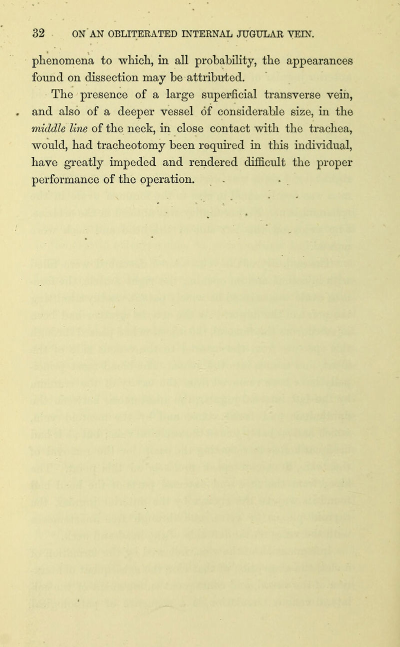 phenomena to which, in all probability, the appearances found on dissection may be attribn^ted. The presence of a large snperficial transverse vein, and also of a deeper vessel of considerable size, in the middle line of the neck, in close contact with the trachea, would, had tracheotomy been required in this individual, have greatly impeded and rendered difficult the proper performance of the operation.