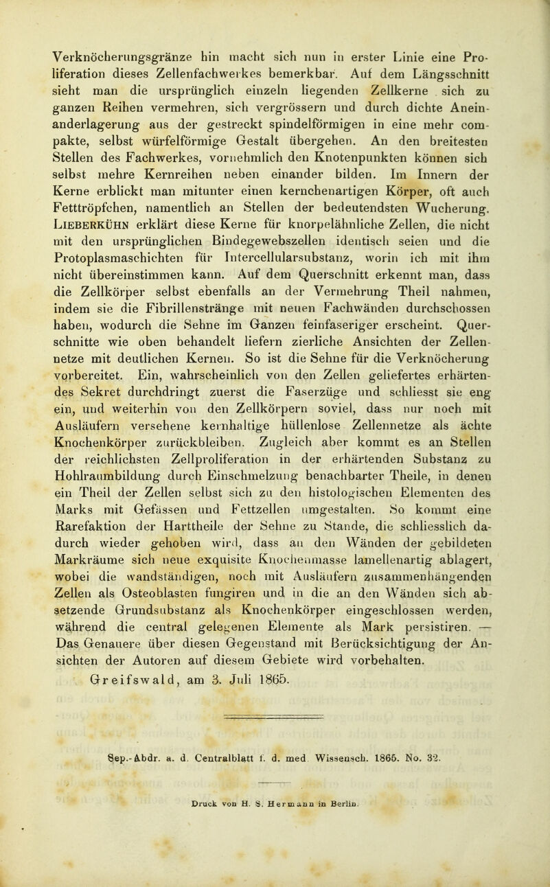 Verknöcherungsgränze hin macht sich nun in erster Linie eine Pro- liferation dieses Zellenfachwerkes bemerkbar. Auf dem Längsschnitt sieht man die ursprünglich einzeln liegenden Zellkerne sich zu ganzen Reihen vermehren, sich vergrössern und durch dichte Anein- anderlagerung aus der gestreckt spindelförmigen in eine mehr com- pakte, selbst würfelförmige Gestalt übergehen. An den breitestea Stellen des Fachwerkes, vornehmlich den Knotenpunkten können sich selbst mehre Kernreihen neben einander bilden. Im Innern der Kerne erblickt man mitunter einen kernchenartigen Körper, oft auch Fetttröpfchen, namentlich an Stellen der bedeutendsten Wucherung, Lieberkühn erklärt diese Kerne für knorpelähnliche Zellen, die nicht mit den ursprünglichen Bindegewebszellen identisch seien und die Protoplasmaschichten für Intercellularsubstanz, worin ich mit ihm nicht übereinstimmen kann. Auf dem Querschnitt erkennt man, dass die Zellkörper selbst ebenfalls an der Vermehrung Theil nahmen, indem sie die Fibrillenstränge mit neuen Fachwänden durchschossen haben, wodurch die Sehne im Ganzen feinfaseriger erscheint. Quer- schnitte wie oben behandelt liefern zierliche Ansichten der Zellen- netze mit deutlichen Kernen. So ist die Sehne für die Verknöcherung vorbereitet. Ein, wahrscheinlich von den Zellen geliefertes erhärten- des Sekret durchdringt zuerst die Faserzüge und schliesst sie eng ein, und weiterhin von den Zellkörpern soviel, dass nur noch mit Ausläufern versehene keinhaltige hüllenlose Zellennetze als ächte Knochenkörper zurückbleiben. Zugleich aber kommt es an Stellen der reichlichsten Zellproliferation in der erhärtenden Substanz zu Hohlraumbildung durch Einschmelzung benachbarter Theile, in denen ein Theil der Zellen selbst sich zu den histologischen Elementen des Marks mit Gefässen und Fettzellen umgestalten. So kommt eine Rarefaktion der Harttheile der Sehne zu Stande, die schliesslich da- durch wieder gehoben wird, dass an den Wänden der gebildeten Markräume sich neue exquisite Knochenniasse lamellenartig ablagert, wobei die wandständigen, noch mit Ausläufern zusammenhängenden Zellen als Osteoblasten fungiren und in die an den Wänden sich ab- setzende Grundsubstanz als Knochenkörper eingeschlossen werden, während die central gelegenen Elemente als Mark persistiren. — Das Genauere über diesen Gegenstand mit Berücksichtigung der An- sichten der Autoren auf diesem Gebiete wird vorbehalten. Greifswald, am 3. Juh 1865. Sep.-Aibdr. a. d, Centralblatt f. d. med Wissensch. 1865. No. 32, Druck von H. S. Hermann in Berlin.