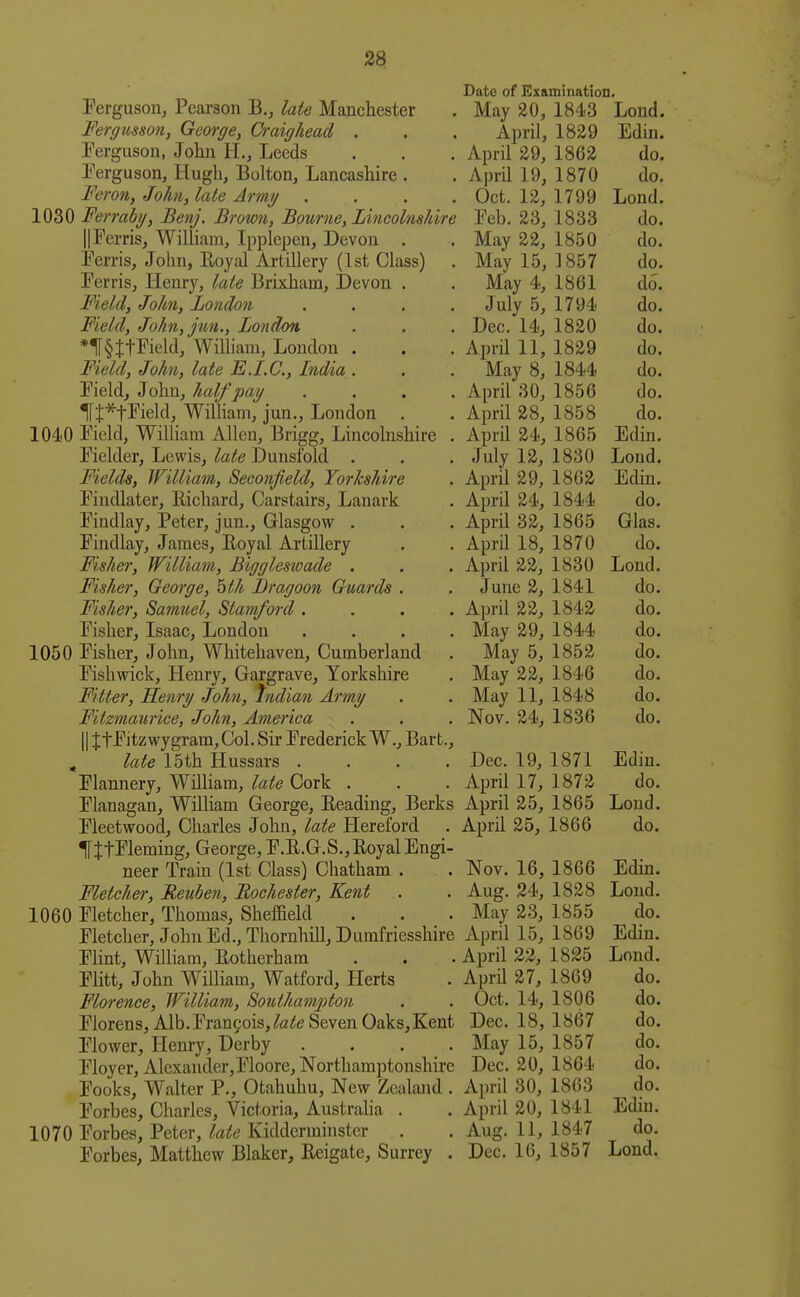 Date of Examination. Ferguson, Pearson B,, late Manchester . May 20, 184-3 Lond. Fergiisson, George, Craighead . . . April, 1829 Edin. EergLison, John H., Leeds . . . April 29, 1862 do. Ferguson, Hugh, Bolton, Lancashire . . April 19, 1870 do. Feron, John, late Army .... Oct. 12, 1799 Lond. 1030 Ferraby, Benj. Brown, Bourne, Lincolnshire Feb. 23, 1833 do. IIFerris, William, Ipplepen, Devon . . May 22, 1850 do. Ferris, John, Eoyal Artillery (1st Class) . May 15, 1857 do. Ferris, Henry, late Brixham, Devon . . May 4, 1861 do. Field, John, London .... July 5, 1794 do. Field, John,jun., London . . . Dec. 14, 1820 do. *1[§ttField, William, London . . . April 11, 1829 do. Field, John, late E.I.C., India . . . May 8, 1844 do. Field, John, half pay .... April 30, 1856 do. tt^tField, William, jun., London . . April 28, 1858 do. 1040 Field, William Allen, Brigg, Lincolnshire . April 24, 1865 Edin. Fielder, Lewis, ^ai^e Dunsibld . . . July 12, 1830 Lond. Fields, William, Seconjield, Yorkshire . April 29, 1862 Edin, Findlater, Hi chard, Carstairs, Lanark . April 24, 1844 do. Findlay, Peter, jun., Glasgow . . . April 32, 1865 Glas. Findlay, James, Eoyal Artillery . . April 18, 1870 do. Fisher, William, Biggleswade . . . April 22, 1830 Lond. Fisher, George, bth Dragoon Guards . . June 2, 1841 do. Fisher, Samuel, Stamford .... April 22, 1842 do. Fisher, Isaac, London .... May 29, 1844 do. 1050 Fisher, John, Whitehaven, Cumberland . May 5, 1852 do. Fishwick, Henry, Gargrave, Yorkshire . May 22, 1846 do. Fitter, Henry John, Jndian Army . . May 11, 1848 do. Fitzmaurice, John, America . . . Nov. 24, 1836 do. IIJ fFitz wygram, Col. Sir Frederick W., Bart., late 15th Hussars .... Dec. 19, 1871 Edin. Flannery, William, late Cork . . . April 17, 1872 do, Flanagan, William George, Eeading, Berks April 25, 1865 Loud. Fleetwood, Charles John, late Hereford . April 25, 1866 do. ^tfFleming, George, F.E.G.S., Eoyal Engi- neer Train (1st Class) Chatham . . Nov. 16, 1866 Edin. Fletcher, Reuben, Rochester, Kent . . Aug. 24, 1828 Lond, 1060 Fletcher, Thomas, Sheffield . . . May 23, 1855 do. Fletcher, John Ed., Thornhill, Dumfriesshire April 15, 1869 Edin, Fhnt, William, Eotherham . . . April 22, 1825 Lond. Flitt, John William, Watford, Herts . April 27, 1869 do. Florence, William, Southampton . . Oct. 14, 1806 do. Florens, Alb. Fran5ois,^fli!e Seven Oaks,Kent Dec. 18, 1867 do. Flower, Henry, Derby .... May 15, 1857 do. Floyer, Alexander,Floore, Northamptonshire Dec. 20, 1864 do. Fooks, Walter P., Otahuhu, New Zealand . April 30, 1863 do. Forbes, Charles, Victoria, Australia . . April 20, 1841 Edin, 1070 Forbes, Peter, late Kidderminster . . Aug. 11, 1847 do. Forbes, Matthew Blaker, Eeigate, Surrey . Dec. 16, 1857 Loud.