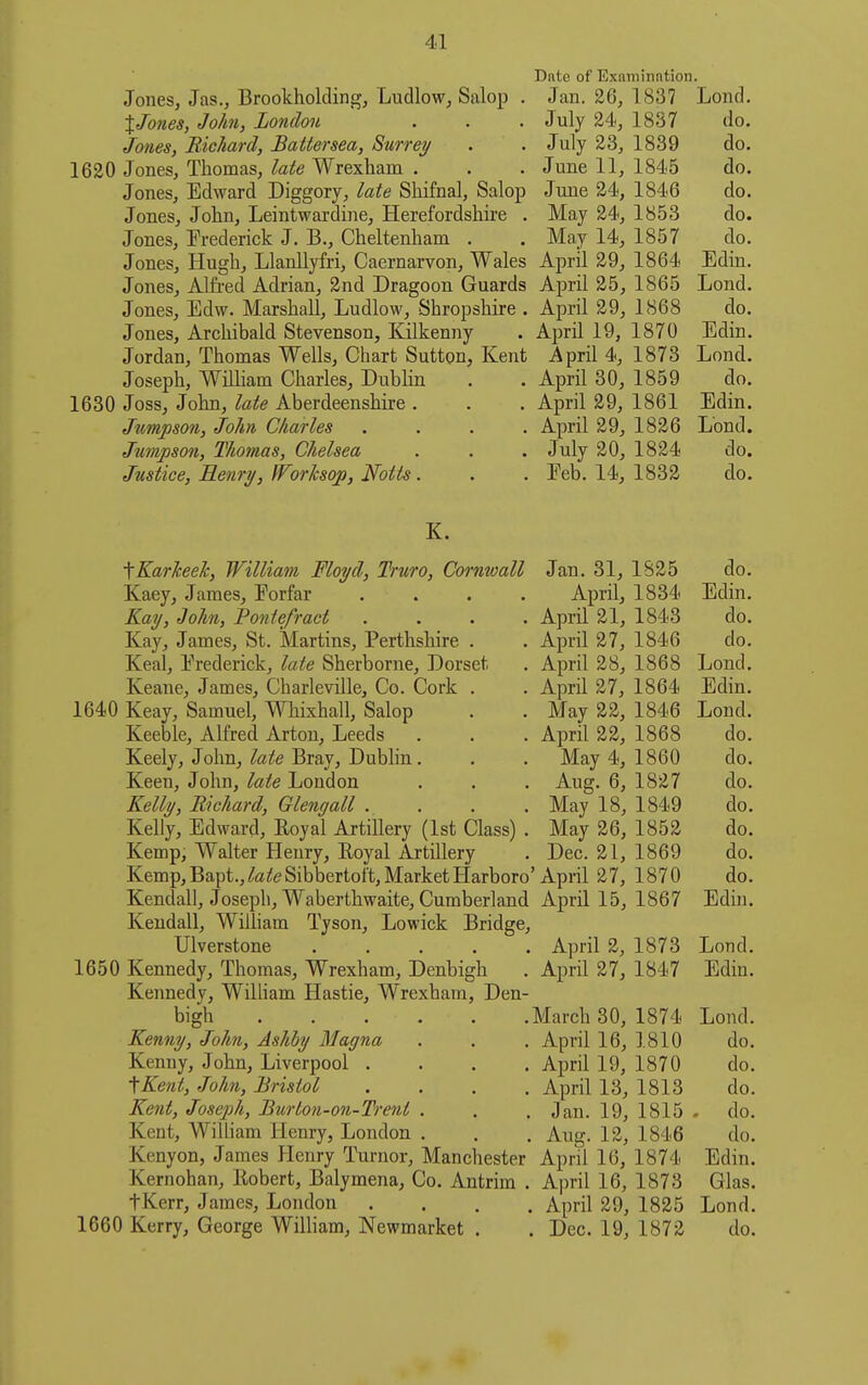 Dnte of Exaiiiinntion. Jones, Jas., Brookholding, Ludlow, Salop . Jan. 20, 1837 Lond. XJones, John, London . . . July 24, 1837 do. Jones, Michard, Battersea, Surrey . • July 23, 1839 do, 1620 Jones, Thomas, late Wrexham . . . June 11, 1845 do. Jones, Edward Diggory, late Shifnal, Salop June 24, 1846 do. Jones, John, Leintwardine, Herefordshire . May 24, 1853 do. Jones, Frederick J. B., Cheltenham . . May 14, 1857 do. Jones, Hugh, Llanllyfri, Caernarvon, Wales April 29, 1864 Edin. Jones, Alfred Adrian, 2nd Dragoon Guards April 25, 1865 Lond. Jones, Edw. Marshall, Ludlow, Shropshire . April 29, 1868 do. Jones, Archibald Stevenson, Kilkenny . April 19, 1870 Edin. Jordan, Thomas Wells, Chart Sutton, Kent April 4, 1873 Lond. Joseph, WiUiam Charles, Dubhn . . April 30, 1859 _ do. 1630 Joss, John, late Aberdeenshire . Jumpson, John Charles Jumpson, Thomas, Chelsea Justice, Henry, tForksop, Notts. April 29, 1861 Edin. April 29, 1826 Lond. July 20, 1824 do. Eeb. 14, 1832 do. fKarkeek, William Floyd, Truro, Cornwall Kaey, James, Eorfar .... Kay, John, Pontefract .... Kay, James, St. Martins, Perthshire . Keal, Erederick, late Sherborne, Dorset Keane, James, Charleville, Co. Cork . 1640 Keay, Samuel, Whixhall, Salop Keeble, Alfred Arton, Leeds Keely, John, late Bray, Dublin. Keen, John, late London Kelly, Richard, Glengall . Kelly, Edward, Royal Artillery (1st Class) . Kemp, Walter Henry, Royal Artillery Kemp,Bapt.,^«iteSibbertoft,MarketHarboro'April 27, 1870 Kendall, Joseph, Waberthwaite, Cumberland April 15, 1867 Kendall, WiUiam Tyson, Lowick Bridge, Ulverstone April 2, 1873 1650 Kennedy, Thomas, Wrexham, Denbigh . April 27, 1847 Kennedy, William Hastie, Wrexham, Den- bigh March 30, 1874 Jan. 31, 1825 April, 1834 April 21, 1843 April 27, 1846 April 28, 1868 April 27, 1864 May 22, 1846 April 22, 1868 May 4, 1860 Aug. 6, 1827 May 18, 1849 May 26, 1852 Dec. 21, 1869 Kenny, John, Ashhy Magna Kenny, John, Liverpool . '\Keiit, John, Bristol Kent, Joseph, Burton-on-Trent Kent, William Henry, London Kenyon, James Henry Turnor, Manchester AprTl 16, 1874 Kernohan, Robert, Balymena, Co. Antrim . April 16, 1878 tKerr, James, London .... April 29, 1825 1660 Kerry, George William, Newmarket . . Dec. 19, 1872 April 16, 1810 April 19, 1870 April 13, 1813 Jan. 19, 1815 Aug. 12, 1846 do. Edin. do. do. Lond. Edin. Lond. do. do. do. do. do. do. do. Edin. Lond. Edin. Lond. do. do. do. do. do. Edin. Glas. Lond. do.