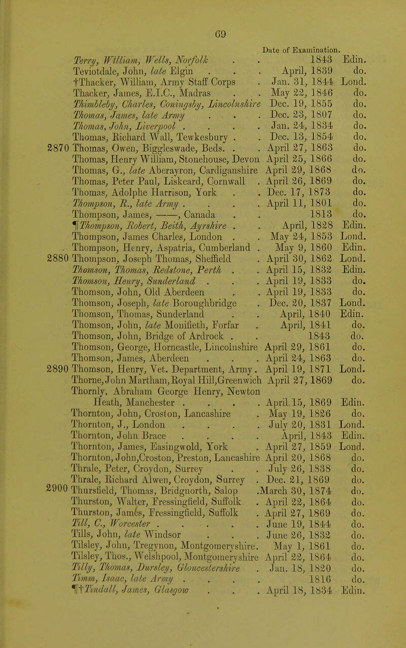 Date of Examination. Terry, William, Wells, Norfolk . . 1843 Edin. Teviotdale, John^ late Elgin . , . April, 1839 do. tThacker, William, Army Staff Corps . Jan. 31, 1844. Lond. Thacker, James, E.I.C., Madras . . May 22, 1846 do. Thimhlehy, Charles, Coningshy, Lincolnshire Dec. 19, 1855 do. Thomas, James, late Army . . . Dec. 23, 1807 do. Thomas, John, Liverpool .... Jan. 24, 1834 do. Thomas, Richai-d Wall, Tewkesbury . . Dec. 13, 1854 do. 2870 Thomas, Owen, Biggleswade, Beds. . . April 27, 1863 do. Thomas, Henry WiUiam, Stonehouse, Devon April 25, 1866 do. Thomas, G., late Aberayron, Cardiganshire April 29, 1868 dn. Thomas, Peter Paul, Liskeard, Cornwall . April 26, 1869 do. Thomas, Adolphe Harrison, York . , Dec. 17, 1873 do. Thompson, R., late Army .... April 11, 1801 do. Thompson, James, , Canada . . 1813 do. ^Thomjjson, Robert, Beith, Ayrshire . . April, 1828 Edin. Thompson, James Charles, London . . May 24, 1853 Lond. . Thompson, Henry, Aspatria, Cumberland . May 9, 1860 Edin. 2880 Thompson, Joseph Thomas, Sheffield . April 30, 1862 Lond. Thomson, Thomas, Redstone, Perth . . April 15, 1832 Edin. Thomson, Henry, Sunderland . . . April 19, 1833 do. Thomson, John, Old Aberdeen . . April 19, 1833 do. Thomson, Joseph, late Boroughbridge . Dec. 20, 1837 Lond. Thomson, Thomas, Sunderland , . April, 1840 Edin. Thomson, John, late Monifieth, Forfar . April, 1841 do. Thomson, John, Bridge of Ardi'ock . . 1843 do. Thomson, George, Horncastle, Lincolnshire April 29, 1861 do. Thomson, James, Aberdeen . . . April 24, 1863 do. 2890 Thomson, Henry, Vet. Department, Army. April 19, 1871 Lond. Thorne, John Martham,Eoyal Hill,Greenwich April 27, 1869 do. Thornly, Abraham George Henry, Newton Heath, Manchester . . . . April, 15, 1869 Edin. Thornton, John, Croston, Lancashire . May 19, 1826 do. Thornton, J., London .... July 20, 1831 Lond. Thornton, John Brace .... April, 1843 Edin. Thornton, James, Easingwold, York . April 27, 1859 Lond. Thornton, John,Croston, Preston, Lancashire April 20, 1868 do. Thrale, Peter, Croydon, Surrey . . July 26, 1838 do. Thrale, Eichard Alwen, Croydon, Surrey . Dec. 21, 1869 do. 2900 Thursfield, Thomas, Bridgnorth, Salop .March 30, 1874 do. Thurston, Walter, Fressingfield, Suffolk . April 22, 1864 do. Thurston, Jam^s, Pressingfield, Suflblk . April 27, 1869 do. Till, a, Worcester June 19, 1844 do. Tills, John, late Windsor . . . June 26, 1832 do. Tilsley, John, Tregynon, Montgomeryshire. May 1, 1861 do. Tilsley, Thos., Welshpool, Montgomei-yshire A])ril 22, 1864 do. Tilly, Thomas, Dursley, Gloucestershire . Jan. 18, 1820 do. Timm, Isaac, late Arm.y .... 1816 do. ^fTiudall, James, Glasgow . . . April 18, 1834 Edin.