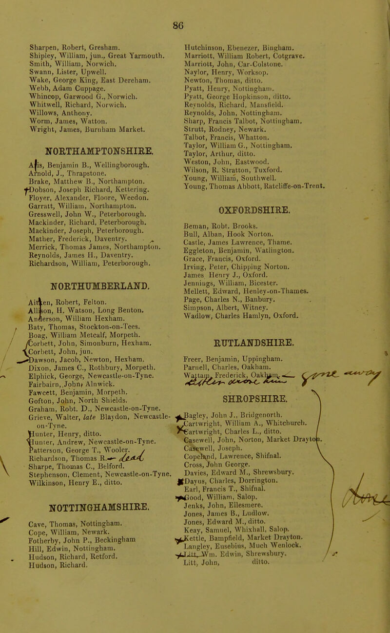 8G Sharpen, Robert, Gresham. Shipley, William, jun., Great Yarmouth. Smith, William, Norwich. Swann, Lister, Upwell. Wake, George King, East Dereham. Webb, Adam Cuppage. Whincop, Garwood G., Norwich. Whitwell, Richard, Norwich. Willows, Anthony. Worm, James, Watton. Wright, James, Burtiham Market. NORTHAMPTONSHIRE. Alis, Benjamin B., Wellingborough. Arnold, J., Thrapstone. Brake, Matthew B,, Northampton, ^obson, Joseph Richard, Kettering. Floyer, Alexander, Floore, Weedon. Garratt, William, Northampton. Gresswell, John W., Peterborough. Mackinder, Richard, Peterborough. Mackinder, Joseph, Peterborough. Mather, Frederick, Daveiitry. ■ ^ Merrick, Thomas James, Northampton. Reynolds, James II., Daventry. Richardson, William, Peterborough. NORTHUMBERLAND. Aitlen, Robert, Felton. AUlon, H. Watson, Long Benton. Anflerson, William Hexham. Baty, Thomas, Stockton-on-Tees. Boag, William Metcalf, Morpeth. /Corbett, John, Simonburn, Hexham. ■yCorbett, John, jun. .^bawson, Jacob, Newton, Hexham. Dixon, James C., Rothbury, Morpeth. Elphick, George, Newcastle-on-Tyne. Fairbairn,,Jobnt Alnwick. Fawcett, Benjamin, Morpeth. Gofton, John, North Shields. Graham, Robt. D., Newcastle-on-Tyne. Grieve, Walter, late Blaydon, Newcastle- on-Tyne. funter, Henry, ditto, unter, Andrew, Newcastle-on-Tyne. atterson, George T., Wooler. / Richardson, Thomas R.^ ^ULAAj Sharpe, Thomas C., Belford. Stephenson, Clement, Newcastle-on-Tyne. Wilkinson, Henry E., ditto. NOTTINGHAMSHIRE. Cave, Thomas, Nottingham. Cope, William, Newark. Fotberby, John P., Beckinghara Hill, Edwin, Nottingham. Hudson, Richard, Retford. Hudson, Richard. Hutchinson, Ebenezer, Bingham. Marriott, William Robert, Cotgrave. Marriott, John, Car-Colslone. Naylor, Henry, Worksop. Newton, Thomas, ditto, Pyatt, Henry, Nottingham. Pyatt, George Hopkinson, ditto. Reynolds, Richard, Mansfield. Reynolds, John, Nottingham. Sharp, Francis Talbot, Nottingham. Strutt, Rodney, Newark. Talbot, Francis, Whattoii. Taylor, William G., Nottingham. Taylor, Arthur, ditto. Weston, John, Eastwood. Wilson, R. Stratton, Tuxford. Young, William, Southwell. Young, Thomas Abbott, Ratcliffe-on-Trent. OXFORDSHIRE. Beman, Robt. Brooks. Bull, Alban, Hook Norton. Castle, James Lawrence, Thame. Eggleton, Benjamin, Watlington. Grace, Francis, Oxford. Irving, Peter, Chipping Norton. James Henry J., Oxford. Jennings, William, Bicester. Mellett, Edward, Henley-on-Thames. Page, Charles N., Banbury. Simpson, Albert, Witney. Wadlow, Charles Handyn, Oxford. RUTLANDSHIRE. Freer, Benjamin, Uppingham Pariiell, Charles, Oakham. WattaiiK Frederick, Oakhan\, SHROPSHIRE. ^Bagley, John J., Bridgenorth. ^Cartwright, William A., Whitchurch. ^Cartwright, Charles L., ditto. Casewell, John, Norton, Market Drayt Casewell, Joseph. Copel^nd, Lawrence, Shifnal. Cross, John George. Davies, Edward M., Shrewsbury. JJDavus, Charles, Dorrington. Earl, Francis T., Shifnal. •l^ood, William, Salop. Jenks, John, Ellesraere. Jones, James B., Ludlow. Jones, Edward M., ditto. Keay, Samuel, Whixhall, Salop, ■fettle, Bampfield, Market Drayton. HLanglev, Eusebius, Much Wenlock. yJ^iJjCWm. Edwin, Shrewsbury. Litt, John, ditto.