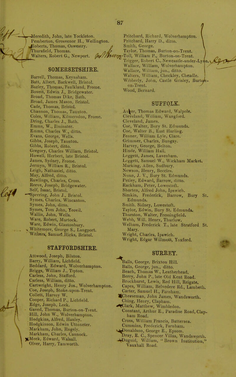 ^^/^^ ^ Meredith, John, late Yockleton. Pritchard, Richard, Wolverhampton I Pemberton, Grosvenor H., Wellington. Pritchard, Harry D., ditto. TV / Roberts, Thomas, Oswestry. a Smith, George. If' /Thursfield, Thomas. Taylor, Thomas, Burton-oii-Trent. '?^~X/7 ,i Walters, Robert G., Newport. (^//h*(ny^1^\\, WiUiam P., Burton-on-Trent. ^^^V^ ' Trigger, Robert C, Nevvcastle-under-Lyi / SOMERSETSHIRE. Barrel!, Thomas, Keyiisham. Batt, Albert, Backwell, Bristol. Baziey, Thomas, Faulkland, Frome. Bovett, Edwin J., Bridgewater. Broad, Thomas Dike, Bath. Broad, James Mason, Bristol. Cade, Thomas, Bristol. Channon, Thomas, Taunton. Coles, William, Kilniersdon, Frome. Dring, Charles J., Bath. Emms, W., Ilminster. Emms, Charles W., ditto. Evans, George, Wells. Gibbs, Joseph, Taimton. Gibbs, Robert, ditto. Gregory, Charles William, Bristol. Howell, Herbert, late Bristol. James, Sydney, Frome. Jermyn, William R., Bristol. Leigli, Nathaniel, ditto. May, Alfred, ditto. Rawlings, Charles, Cross. Reeve, Joseph, Bridgewater. Self, Isaac, Bristol. —«perring, John J., Bristol. Symes, Charles, Wincanton. Symes, John, ditto. Symes, Tom John, Yeovil, Wallin, John, Wells. Ware, Robert, Martock. Ware, Edwin, Glastonbury. K Whiteraore, George S., Laiigport. Withers, Samuel .Hicks, Bristol. STAFFORDSHIRE. Attwood, Joseph, Bilston. Barry, William, Lichfield. Beddard, Edward, Wolverhampton. Briggs, William J., Trpton. Carless, John, Stafford. Carless, William, ditto. Cartwright, Henry Jos., Wolverhampton. Coe, Joseph, Stoke-upon-Trent. Collett, Harvey W. Cooper, Richard P., Lichfield. Edge, Joseph, Leek. Gaved, Thomas, Burton-on-Trent. Hill, John W., Wolverhampton, llodgkins, Alfred, llanley. Hodgkiiison, Edwin Uttoxeter. Marklmm, John, Rugely. Markham, Charles, Cannock. jtMeek, Edward, Walsall. Olver, Harry, Tamworth. Wallace, William, Wolverhampton Wallace, William, juii., ditto. Walters, William, Checkley, Cheadle Wibberly, John, Castle Grisley, Burtoh on-Trent. Wood, Bernard. SUFFOLK. An^er, Thomas Edward, Walpole. Cleveland, William, Wangford. Cleveland, James. Con, Walter, Bury St. Edmunds. Coe, Walter B., East Marling. Feiiner, William Lyle, Clare. Grimmer, Charles, Bungay. Harvev, George, Beltou. Hinde, William Hall. Lftggett, James, Lavenliam. Leggett, Samuel W., Wickhain Market. Marking, Allen, Sudbury. Ncwson, Henry, Beccles. Nunn, J. v.. Bury St. Edmunds. Fetlev, Edward, Barrow, ditto. Rackh am, Peter, Lowestoft. Shorten, Alfred John, Ipswich. Simkin, Frederick, Barrow, Bury St, Edmunds. Smith. Sidney, Lowestoft. Taylor, Edwin, Bury St. Edmunds. Thurston, Walter, Fressingfield. Webb, Will. Henry, Thurlow. Welham, Frederick T., late Stratford St. Mary. Wright, Charles, Ipswich. Wright, Edgar Willmott, Yoxford. SURREY. Balls, George, Brixton HilL Balls, George, jun., ditto. Beach, Thomas W., Leatherhead. Berry, John P., late Old Kent Road. Bruckhurst, Lewis, Red Hill, Reigate. Capes, William, Belvedere Rd., Lambeth. Carter, Samuel H., Farnham. HCheeseman, John James, Wandsworth, Ching, Henry, Clapham. «^lark, Matthew, Wimbledon. Constant, Arthur E., Paradise Road, Clap, ham Road. Cross, William Francis, Battersea. Cummins, Frederick, Farnham, v^JJoiialdson, George E., Epsom. Uray, E. C, Spencer Villas, Wandsworth. -MJuguid, William,  Brown Institution, Vauxhall Road.