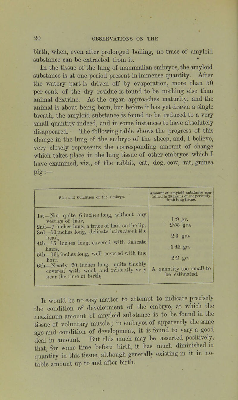 birth, when, even after prolonged boiling, no trace of amyloid substance can be extracted from it. In the tissue of the lung of mammahan embryos, the amyloid substance is at one period present in immense quantity. After the watery part is driven off by evaporation, more than 50 per cent, of the dry residue is found to be nothing else than animal dextrine. As the organ approaches maturity, and the animal is about being born, but before it has yet drawn a single breath, the amyloid substance is found to be reduced to a very small quantity indeed, and in some instances to have absolutely disappeared. The following table shows the progress of tliis change in the lung of the embryo of the sheep, and, I believe, very closely represents the cprresponding amount of change which takes place in the lung tissue of other embryos which I have examined, xiz., of the rabbit, cat, dog, cow, rat, guinea pig:— Size and Conditiou of tlio Embryo. Amount of amyloid substance con- tained iu 20 grains of the perfectly fresh lung tissue. 1st—Not quite 6 iuclies long, wltliout any vestige of haiv, 2ucl—7 inches long, a trace of hair on the lip, 3rcl—10 inches long, delicate hairs about t!ie head, 4tli—15 inclies long, covered with delicate 5tli—164 inches long, ^^^^^ covered with fine hair, , . , , 6tli—Xearlv 20 inches long, quite thickly covered with wool, and evidently very near Ihe lime of hirth, 1- 9 gr. 2- 55 grs. 2- 3 grs. 3- 45 grs. 2-2 grs. A quantity too small to be estimated. It would be no easy matter to attempt to indicate precisely the condition of development of the embryo, at which the maximum amount of amyloid substance is to be found in the tissue of voluntary muscle; in embryos of apparently the same age and concUtion of development, it is found to vary a good deal in amount. But this much may be asserted positively, that, for some time before birth, it has much diminished in quantity in this tissue, although generally existing in it in no- table amount up to and after birth.