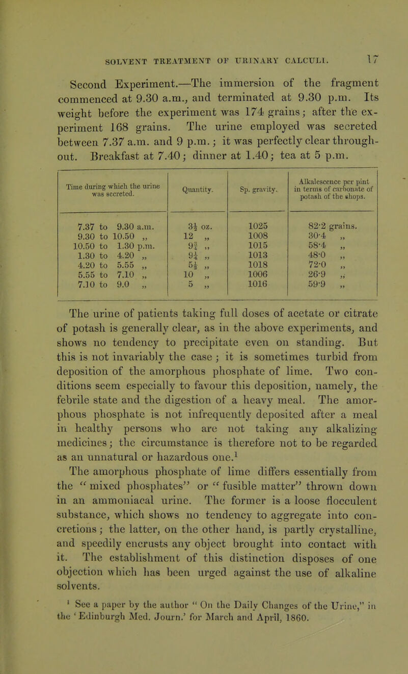 Second Experiment.—The immersion of the fragment commenced at 9.30 a.m., and terminated at 9.30 p.m. Its weight before the experiment was 174 grains; after the ex- periment 168 grains. The urine employed was secreted between 7.37 a.m. and 9 p.m.; it was perfectly clear through- out. Breakfast at 7.40; dinner at 1.40; tea at 5 p.m. Time during which the urine was secreted. Quantity. Sp. gravity. Alkalescence per pint in terms of carhouute of potash of the sho])s. 7.37 to 9.30 a.m. 3i oz. 1025 822 grains. 9.30 to 10.50 „ 1008 30-4 „ 10.50 to 1.30 p.m. 9 j M 1015 58-4 „ 1.30 to 4.20 „ 9t 1013 48-0 „ 4.20 to 5.55 „ Oa » 1018 72-0 „ 5.55 to 7.10 „ 10 „ 1006 26-9 „ 7.]0 to 9.0 „ 5 „ 1016 59-9 „ The urine of patients taking full doses of acetate or citrate of potash is generally clear, as in the above experiments, and shows no tendency to precipitate even on standing. But this is not invariably the case ; it is sometimes turbid from deposition of the amorphous phosphate of lime. Two con- ditions seem especially to favour this deposition, namely, the febrile state and the digestion of a heavy meal. The amor- phous phosphate is not infrequently deposited after a meal in healthy persons who are not taking any alkalizing medicines; the circumstance is therefore not to be regarded as an unnatural or hazardous one.^ The amorphous phosphate of lime differs essentially from the  mixed phosphates^' or  fusible matter thrown down in an ammoniacal urine. The former is a loose flocculent substance, which shows no tendency to aggregate into con- cretions ; the latter, on the other hand, is partly crystalline, and speedily encrusts any object brought into contact with it. The establishment of this distinction disposes of one objection which has been urged against the use of alkaline solvents. ' See a paper by the author  On the Daily Changes of the Urine, in the 'Edinburgh Med. Journ.' for March and April, 1860.