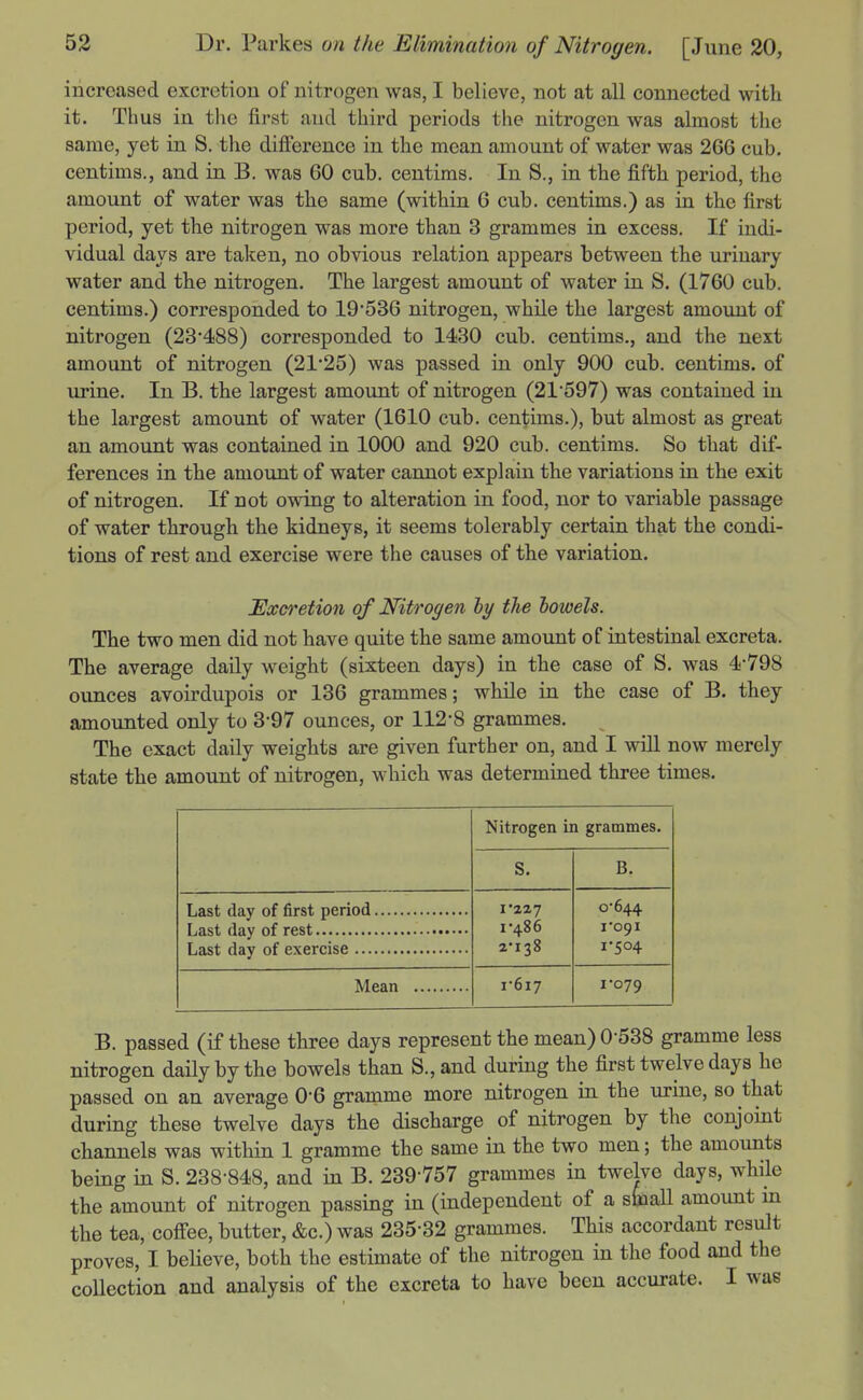 increased excretion of nitrogen was, I believe, not at all connected with it. Thus in the first and third periods the nitrogen was almost the same, yet in S. the diiference in the mean amount of water was 266 cub. centims., and in B. was 60 cub. centims. In 8., in the fifth period, the amount of water was the same (within 6 cub. centims.) as in the first period, yet the nitrogen was more than 3 grammes in excess. If indi- vidual days are taken, no obvious relation appears between the urinary water and the nitrogen. The largest amount of water in S. (1760 cub. centims.) corresponded to 19536 nitrogen, while the largest amount of nitrogen (23'488) corresponded to 1430 cub. centims., and the next amount of nitrogen (2125) was passed in only 900 cub. centims. of urine. In B. the largest amount of nitrogen (21597) was contained in the largest amount of water (1610 cub. centims.), but almost as great an amount was contained in 1000 and 920 cub. centims. So that dif- ferences in the amoimt of water cannot explain the variations in the exit of nitrogen. If not owing to alteration in food, nor to variable passage of water through the kidneys, it seems tolerably certain that the condi- tions of rest and exercise were the causes of the variation. Excretion of Nitrogen hy the towels. The two men did not have quite the same amount of intestinal excreta. The average daily weight (sixteen days) in the case of S. was 4-798 ounces avoirdupois or 136 grammes; while in the case of B. they amounted only to 3-97 ounces, or 112*8 grammes. The exact daily weights are given further on, and I will now merely state the amount of nitrogen, which was determined three times. Nitrogen in grammes. S. B. 1*227 1- 486 2- 138 0*644 1-091 1-504 i-6i7 1-079 B. passed (if these three days represent the mean) 0*538 gramme less nitrogen daily by the bowels than S., and during the first twelve days he passed on an average 0-6 gramme more nitrogen in the urine, so that during these twelve days the discharge of nitrogen by the conjoint channels was within 1 gramme the same in the two men; the amounts being in S. 238*848, and in B. 239*757 grammes in twelve days, while the amount of nitrogen passing in (independent of a stnall amount in the tea, cofiee, butter, &c.) was 235*32 grammes. This accordant result proves, I beHeve, both the estimate of the nitrogen in the food and the collection and analysis of the excreta to have been accurate. I was