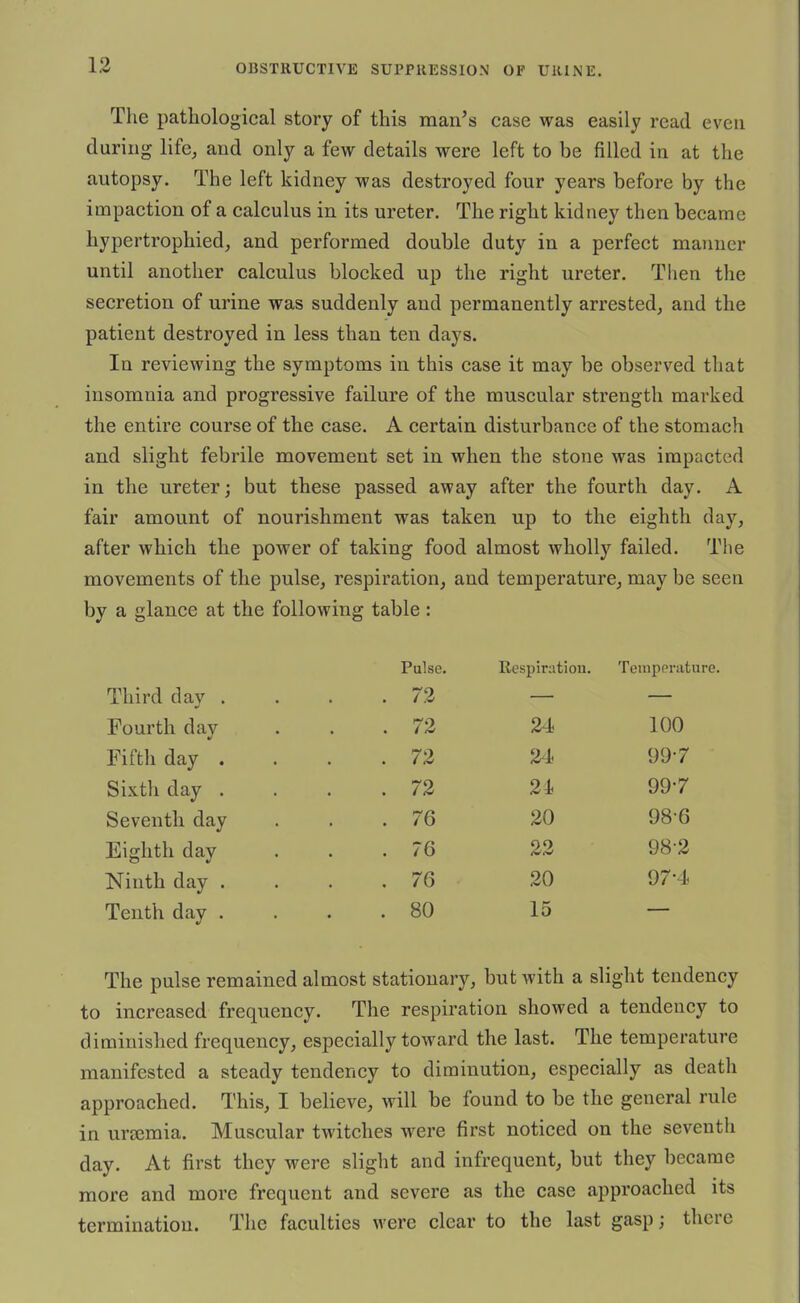 The pathological story of this man's case was easily read even during life, and only a few details were left to be filled in at the autopsy. The left kidney was destroyed four years before by the impaction of a calculus in its ureter. The right kidney then became hypertrophied, and performed double duty in a perfect manner until another calculus blocked up the right ureter. Then the secretion of urine was suddenly and permanently arrested, and the patient destroyed in less than ten days. In reviewing the symptoms in this case it may be observed that insomnia and progressive failure of the muscular strength marked the entire course of the case. A certain disturbance of the stomach and slight febrile movement set in when the stone was impacted in the ureter; but these passed away after the fourth day. A fair amount of nourishment was taken up to the eighth day, after which the power of taking food almost wholly failed. The movements of the pulse, respiration, and temperature, may be seen by a glance at the following table: Third day . Fourth dav Fifth day . Sixth day . Seventh day Eighth day Ninth day . Tenth day . Pulse. Respinitiou. Teinppvuture. . 72 . 72 2-4 100 . 72 24 99-7 . 72 24 99-7 . 76 20 98-6 . 76 22 98-2 . 76 20 97-4 . 80 15 The pulse remained almost stationary, but with a slight tendency to increased frequency. The respiration showed a tendency to diminished frequency, especially toward the last. The temperature manifested a steady tendency to diminution, especially as death approached. This, I believe, will be found to be the general rule in ur£emia. Muscular twitches were first noticed on the seventh day. At first they were slight and infrequent, but they became more and more frequent and severe as the case approached its termination. The faculties were clear to the last gasp; there