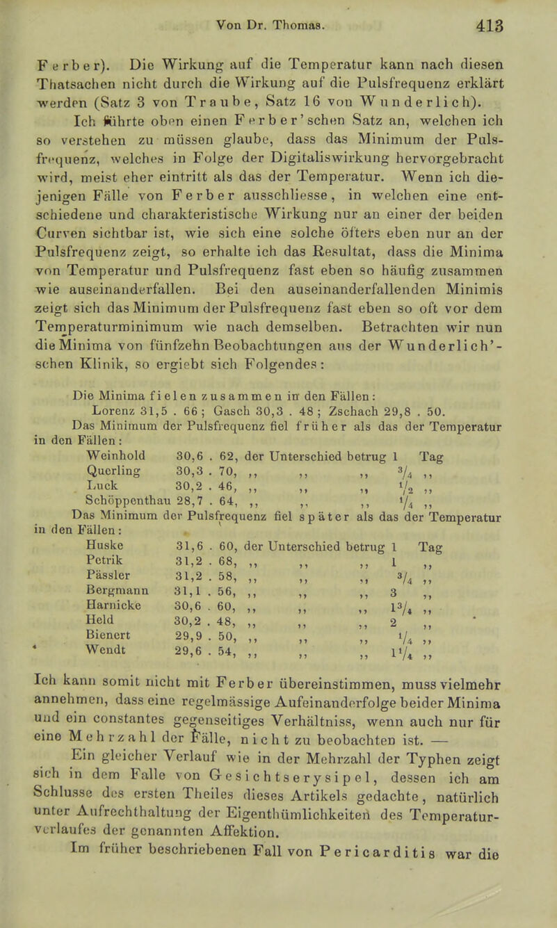 F erber). Die Wirkung auf die Temperatur kann nach diesen Thatsachen nicht durch die Wirkung auf die Pulsfrequenz erklärt werden (Satz 3 von Traube, Satz 16 von W^ u n d e r 1 i c h). Ich Äihrte obon einen Färber'sehen Satz an, welchen ich so verstehen zu müssen glaube, dass das Minimum der Puls- frequenz, welches in Folge der Digitaliswirkung hervorgebracht wird, meist eher eintritt als das der Temperatur. Wenn ich die- jenigen Fälle von Ferb er ausschliesse, in welchen eine ent- schiedene und charakteristische Wirkung nur an einer der beiden Curven sichtbar ist, wie sich eine solche öftets eben nur an der Pulsfrequenz zeigt, so erhalte ich das Resultat, dass die Minima von Temperatur und Pulsfrequenz fast eben so häufig zusammen wie auseinanderfallen. Bei den auseinanderfallenden Minimis zeigt sich das Minimum der Pulsfrequenz fast eben so oft vor dem Ternperaturminimum wie nach demselben. Betrachten wir nun die Minima von fünfzehn Beobachtungen ans der Wunderlich'- schen Klinik, so ergiebt sich Folgendes: Die Minima fielen zusammen in den Fällen: Lorenz 31,5 . 66; Gasch 30,3 . 48; Zschach 29,8 . 50. Das Minimum der Pulsfrequenz fiel früher als das der Temperatur in den Fällen: Weinhold 30,6 . 62, der Unterschied betrug 1 Tag Querling 30,3 . 70, „ ,, „ Luck 30,2 . 46, „ „ „ 1/2 „ Schöppenthau 28,7 . 64, ,, 1/, „ Das Minimum der Pulsfrequenz fiel später als das der Temperatur in den Fällen: . * Huske 31,6 . 60, der Unterschied betrug 1 Tag Pctrik 31,2 68, 11 >) ) j 1 7 7 Pässler 31,2 58, > > ) > 77 Bergmann 31,1 56, )> > 7 3 7 7 Harnicke 30,6 60, »» >» 1 > 7 7 Held 30,2 . 48, 7 7 2 ) 7 Bienert 29,9 50, >i 7 7 7 7 Wendt 29,6 54, j > ) 7 7 7 Ich kann somit nicht mit Ferber übereinstimmen, muss vielmehr annehmen, dass eine regelmässige Aufeinanderfolge beider Minima und ein constantes gegenseitiges Verhältniss, wenn auch nur für eine Mehrzahl der f'älle, n i c h t zu beobachten ist. — Ein gleicher Verlauf wie in der Mehrzahl der Typhen zeigt sich in dem Falle von Gesichtserysipel, dessen ich am Schlüsse dos ersten Theiles dieses Artikels gedachte, natürlich unter Aufrechthaltung der Eigenthümlichkeiteu des Temperatur- Verlaufes der genannten Affektion. Im früher beschriebenen Fall von Pericarditis war die