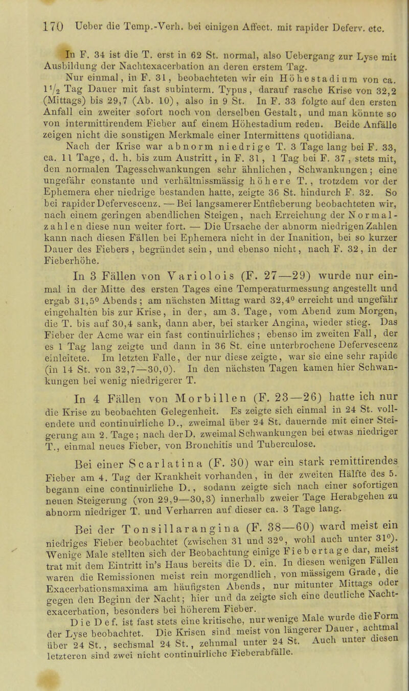 In F. 34 ist die T. erst in 62 St. normal, also Uebergang zur Lyse mit Ausbildung der Nachtexacerbation an deren erstem Tag. Nur einmal, in F. 31, beobachteten wir ein Höhestadium von ca. l\l2 Tag Dauer mit fast subinterm. Typus, darauf rasche Krise von 32,2 (Mittags) bis 29,7 (Ab. 10), also in 9 St. In F. 33 folgte auf den ersten Anfall ein zweiter sofort noch von derselben Gestalt, und man könnte so von intermittirendem Fieber auf einem Höhestadium reden. Beide Anfälle zeigen nicht die sonstigen Merkmale einer Intermittens quotidiana. Nach der Krise war abnorm niedrige T. 3 Tage lang bei F. 33, ca. 11 Tage, d. h. bis zum Austritt, in F. 31 , 1 Tag bei F. 37 , stets mit, den normalen Tagesschwankungen sehr ähnlichen, Schwankungen; eine ungefähr constante und verhältnissmässig höhere T. , trotzdem vorder Ephemera eher niedrige bestanden hatte, zeigte 36 St. hindurch F. 32. So bei rapider Defervescenz.—Bei langsamerer Entfieberung beobachteten wir, nach einem geringen abendlichen Steigen, nach Erreichung der Nor mal- zahlen diese nun weiter fort. — Die Ursache der abnorm niedrigen Zahlen kann nach diesen Fällen bei Ephemera nicht in der Inanition, bei so kurzer Dauer des Fiebers , begründet sein, und ebenso nicht, nach F. 32, in der Fieberhöhe. In 3 Fällen von Variolois (F. 27—29) wurde nur ein- mal in der Mitte des ersten Tages eine Temperaturmessung angestellt und ergab 31,5° Abends; am nächsten Mittag ward 32,4° erreicht und ungefähr eingehalten bis zur Krise, in der, am 3. Tage, vom Abend zum Morgen, die T. bis auf 30,4 sank, dann aber, bei starker Angina, wieder stieg. Das Fieber der Acme war ein fast continuirliches ; ebenso im zweiten Fall, der es 1 Tag lang zeigte und dann in 36 St. eine unterbrochene Defervescenz einleitete. Im letzten Falle, der nur diese zeigte, war sie eine sehr rapide (in 14 St. von 32,7—30,0). In den nächsten Tagen kamen hier Schwan- kungen bei wenig niedrigerer T. In 4 Fällen von Morbillen (F. 23—26) hatte ich nur die Krise zu beobachten Gelegenheit. Es zeigte sich einmal in 24 St. voll- endete und continuirliche D., zweimal über 24 St. dauernde mit einer Stei- gerung am 2. Tage; nach derD. zweimal Schwankungen bei etwas niedriger T., einmal neues Fieber, von Bronchitis und Tuberculose. Bei einer Scarlatina (F. 30) war ein stark remittirendes Fieber am 4. Tag der Krankheit vorhanden, in der zweiten Hälfte des 5. begann eine continuirliche D., sodann zeigte sich nach einer sofortigen neuen Steigerung (von 29,9—30,3) innerhalb zweier Tage Herabgeheu zu abnorm niedriger T. und Verharren auf dieser ca. 3 Tage lang. Bei der Tonsjllarangina (F. 38—60) ward meist ein niedriges Fieber beobachtet (zwischen 31 und 32°, wohl auch unter 31°). Wenige Male stellten sich der Beobachtung einige Fiebertage dar, meist trat mit dem Eintritt in's Haus bereits die D. ein. In diesen wenigen Fallen waren die Remissionen meist rein morgendlich. von massigem Oracle, aie Exacerbationsmaxima am häufigsten Abends, nur mitunter Mittags oüer gegen den Beginn der Nacht; hier und da zeigte sich eine deutliche Nacht- exacerbation, besonders bei höherem Fieber. A- Vnrm D ie D ef. ist fast stets eine kritische, nur wenige Male wurde dieForm der Lyse beobachtet. Die Krisen sind meist von längerer Dauer achtmal über 24 St., sechsmal 24 St., zehnmal unter 24 St. Auch unter diesen letzteren sind zwei nicht continuirlichc Fieberabfalle.