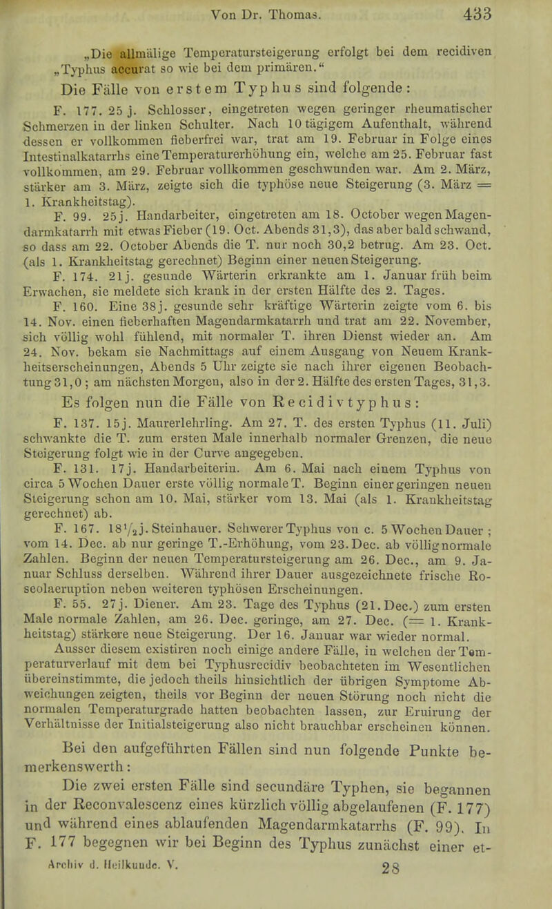 „Die allmälige Temi)eratursteigerung erfolgt bei dem recidiven „Tj'pluis accurat so wie bei dem primären. Die Fälle von erstem Typhus sind folgende: F. 177. 25 j. Schlosser, eingetreten wegen geringer rheumatischer Schmerzen in der linken Schulter. Nach lOtägigem Aufenthalt, während dessen er vollkommen fieberfrei war, trat am 19. Februar in Folge eines Intestinalkatarrhs eine Temperaturerhöhimg ein, welche am 25. Februar fast vollkommen, am 29. Februar vollkommen geschwunden war. Am 2. März, stärker am 3. März, zeigte sich die typhöse neue Steigerung (3. März = 1. Krankheitstag). F. 99. 25 j. Handarbeiter, eingetreten am 18. October wegen Magen- darmkatarrh mit etwas Fieber (19. Oct. Abends 31,3), das aber bald schwand, so dass am 22. October Abends die T. nur noch 30,2 betrug. Am 23. Oct. (als 1. Krankheitstag gerechnet) Beginn einer neuen Steigerung. F. 174. 21 j. gesunde Wärterin erkrankte am 1. Januar früh beim Erwachen, sie meldete sich krank in der ersten Hälfte des 2. Tages. F. 160. Eine 38j. gesunde sehr kräftige Wärtei'in zeigte vom 6. bis 14. Nov. einen fieberhaften Magendarmkatarrh und trat am 22. November, sich völlig wohl fühlend, mit normaler T. ihren Dienst wieder an. Am 24. Nov. bekam sie Nachmittags auf einem Ausgang von Neuem Krank- heitserscheinungen, Abends 5 Uhr zeigte sie nach ihrer eigenen Beobach- tung 31,0; am nächsten Morgen, also in der 2. Hälfte des ersten Tages, 31,3. Es folgen nun die Fälle von Recidivtyphus: F. 137. 15j. Maurerlehrling. Am 27. T. des ersten Typhus (11. Juli) schwankte die T. zum ei'sten Male innerhalb normaler Grenzen, die neue Steigerung folgt wie in der Cui've angegeben. F. 131. I7j. Handarbeiterin. Am 6. Mai nach einem Typhus von circa 5 Wochen Dauer erste völlig normale T. Beginn einer geringen neuen Steigerung schon am 10. Mai, stärker vom 13. Mai (als 1. Krankheitstag gerechnet) ab. F. 167. 18 Vaj. Steinhauer. Schwerer Typhus von c. 5 Wochen Dauer ; vom 14. Dec. ab nur geringe T.-Erhöhung, vom 23.Dec. ab völlignormale Zahlen. Beginn der neuen Temperatursteigerung am 26. Dec, am 9. Ja- nuar Schluss derselben. Während ihrer Dauer ausgezeichnete frische Ro- seolaeruption neben weiteren typhösen Erscheinungen. F. 55. 27 j. Diener. Am 23. Tage des Typhus (21.Dec.) zum ersten Male normale Zahlen, am 26. Dec. geringe, am 27. Dec. (= 1. Krank- heitstag) stärkere neue Steigerung. Der 16. Januar war wieder normal. Ausser diesem existiren noch einige andere Fälle, in welchen der Tem- peraturverlauf mit dem bei Typhusrecidiv beobachteten im Wesentlichen übereinstimmte, die jedoch theils hinsichtlich der übrigen Symptome Ab- weichungen zeigten, theils vor Beginn der neuen Störung noch nicht die normalen Temperaturgrade hatten beobachten lassen, zur Eruirung der Verhältnisse der Initialsteigerung also nicht brauchbar erscheinen können. Bei den aufgeführten Fällen sind nun folgende Punkte be- raerkenswerth: Die zwei ersten Fälle sind secundäre Typhen, sie begannen in der Reconvalescenz eines kürzlich völlig abgelaufenen (F. 177) und während eines ablaufenden Magendarmkatarrhs (F. 99). Li F. 177 begegnen wir bei Beginn des Typhus zunächst einer et- Arcliiv (]. Ili.'ilkuudc. V. oo