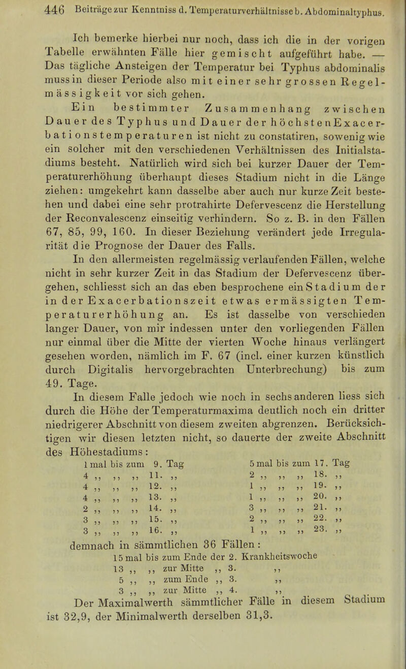 Ich bemerke hierbei nur noch, dass ich die in der vorigen Tabelle erwähnten Fälle hier gemischt aufgeführt habe. — Das tägliche Ansteigen der Temperatur bei Typhus abdominalis mussin dieser Periode also mit einer sehr grossen Regel- mässigkeit vor sich gehen. Ein bestimmter Zusammenhang zwischen Dauer des Typhus und Dauer der höchstenExacer- bationstemperaturen ist nicht zu constatiren, sowenig wie ein solcher mit den verschiedenen Verhältnissen des Initialsta- diums besteht. Natürlich wird sich bei kurzer Dauer der Tem- peraturerhöhung überhaupt dieses Stadium nicht in die Länge ziehen: umgekehrt kann dasselbe aber auch nur kurze Zeit beste- hen und dabei eine sehr protrahirte Defervescenz die Herstellung der Reconvalescenz einseitig verhindern. So z. B. in den Fällen 67, 85, 99, 160. In dieser Beziehung verändert jede Irregula- rität die Prognose der Dauer des Falls. In den allermeisten regelmässig verlaufenden Fällen, welche nicht in sehr kurzer Zeit in das Stadium der Defervescenz über- gehen, schliesst sich an das eben besprochene ein Stadl um der in der Exacerbationszeit etwas ermässigten Tem- peraturerhöhung an. Es ist dasselbe von verschieden langer Dauer, von mir indessen unter den vorliegenden Fällen nur einmal über die Mitte der vierten Woche hinaus verlängert gesehen worden, nämlich im F. 67 (incl. einer kurzen künstlich durch Digitalis hervorgebrachten Unterbrechung) bis zum 49. Tage. In diesem Falle jedoch wie noch in sechs anderen Hess sich durch die Höhe der Temperaturmaxima deutlich noch ein dritter niedrigerer Abschnitt von diesem zweiten abgrenzen. Berücksich- tigen wir diesen letzten nicht, so dauerte der zweite Abschnitt des Höhestadiums: Imal bis zum 9. Tag 5 mal bis zum 17. Tag 4,, 5)1^'>? 2,, , 4 ,, j5 12. 1 , 4 ,, ,, 13. ,, 1 ,, , 2 ), 5, 14. ,, 3 ,, , 3 ,, ,) 15. 2 ,, ,, , 3 ,) 16. 1 )) > demnach in sämmtlichen 36 Fällen: 15 mal bis zum Ende der 2. Krankheitswoche 13 ,, zur Mitte ,, 3. ,, 5 ,, ,, zum Ende ,, 3. ,, 3 ,, ,, zur Mitte ,, 4. ,, Der Maximalwerth sämmtlicher Fälle in diesem Stadium ist 32,9, der Minimalwerth derselben 31,3. 18. 19. 20. 21. 22. 23. 5 J > I